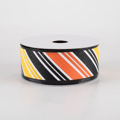 1.5" Glittered Diagonal Stripes Ribbon: Yellow, Orange & Black (10 Yards) Item Number: 56425-09-22