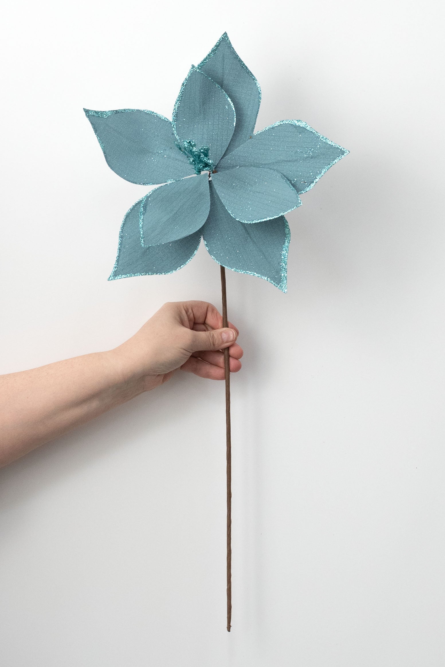 11" x 25" Glittered Fabric Poinsettia Pick: Dusty Teal Blue detail photo 3