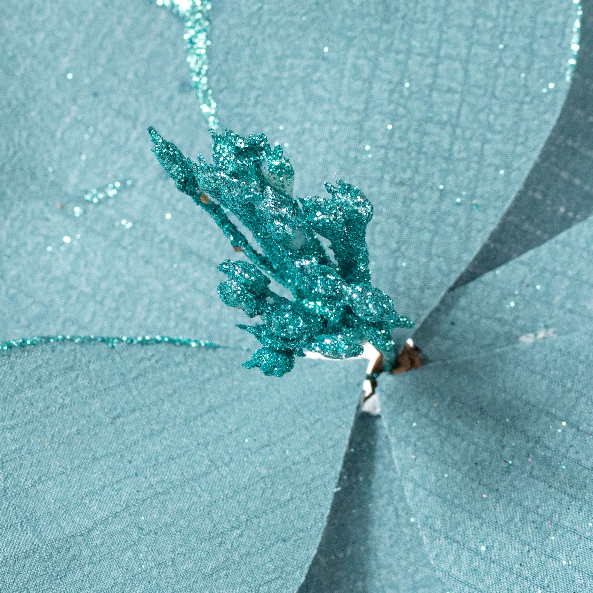 11" x 25" Glittered Fabric Poinsettia Pick: Dusty Teal Blue detail photo 4