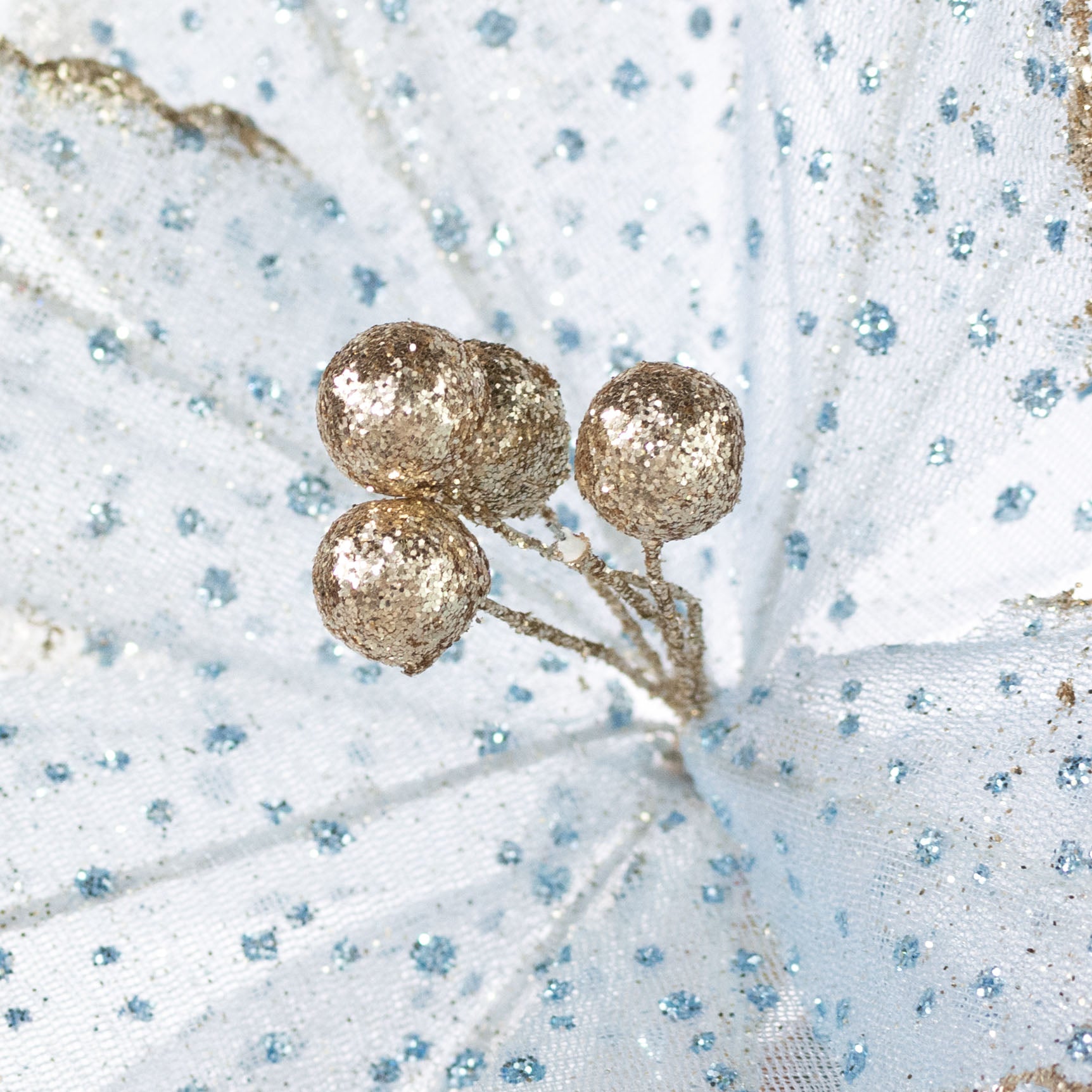 11" x 18" Glittered Fabric Poinsettia Pick: Pale Blue & Gold detail photo 4