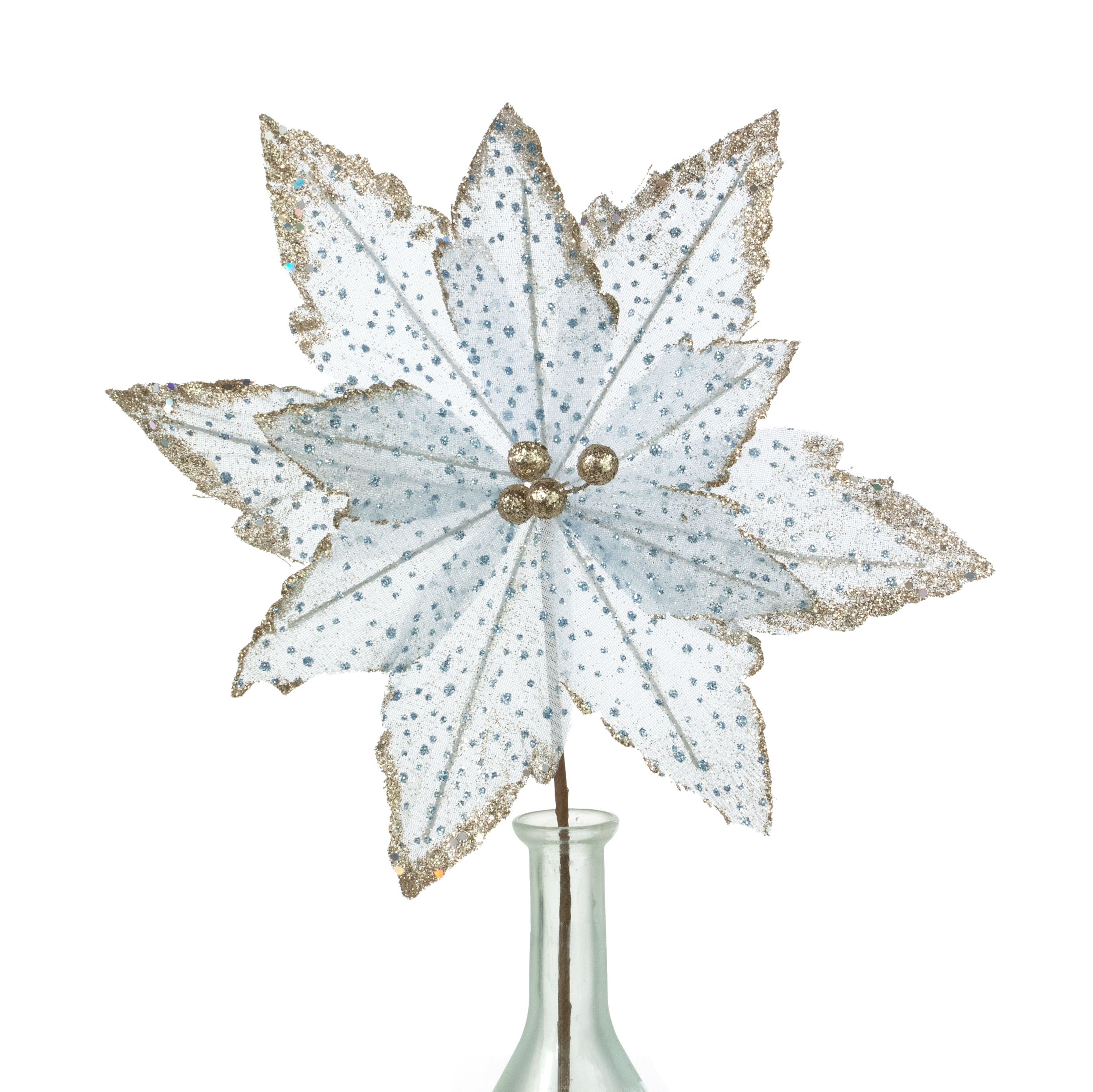 11" x 18" Glittered Fabric Poinsettia Pick: Pale Blue & Gold Item Number: 235285