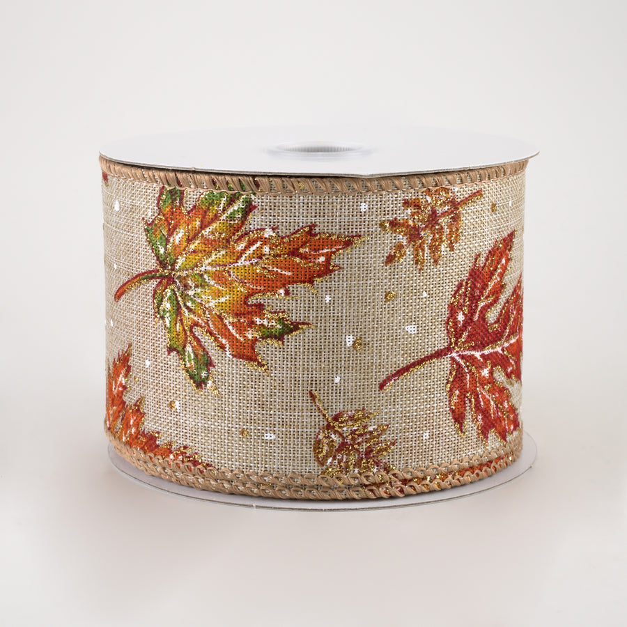2.5" Glittered Fall Leaves & Snow Flurries Ribbon (10 Yards)