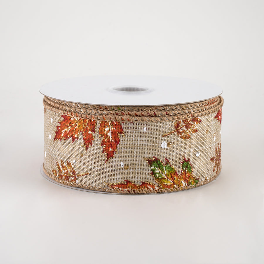 1.5" Glittered Fall Leaves & Snow Flurries Ribbon (10 Yards)