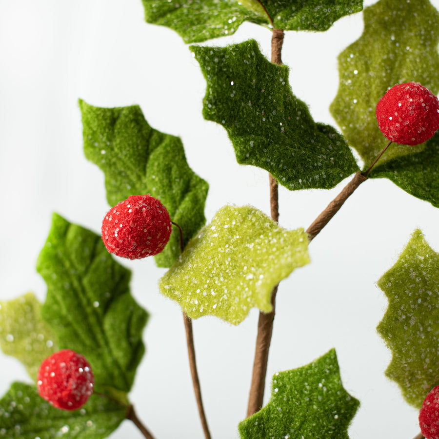 21" Glittered Felt Holly Leaf Spray Lifestyle Photo