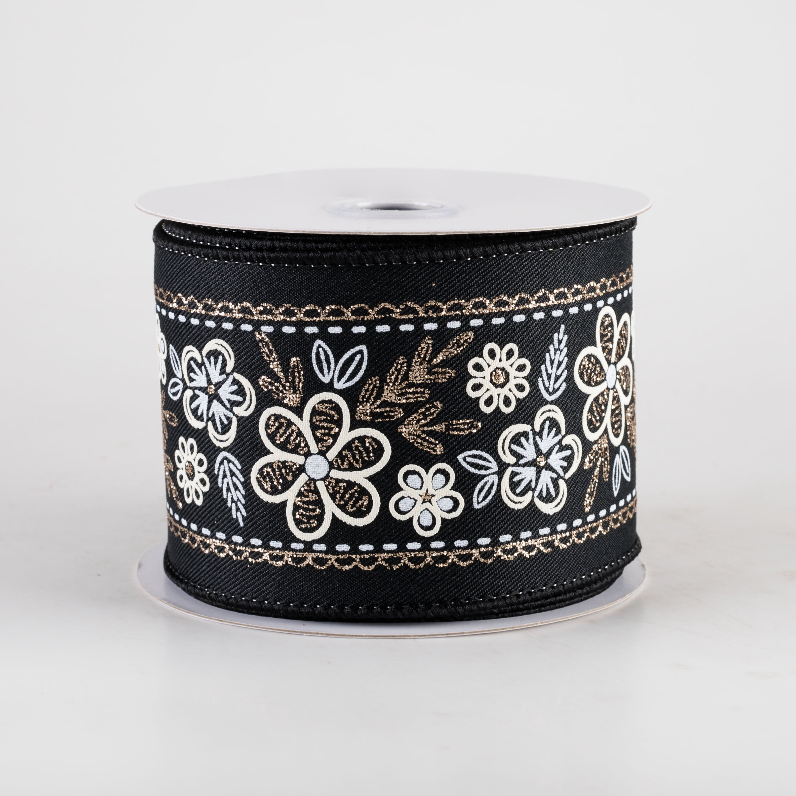 2.5" Glittered Floral Trim Ribbon: Ivory, White & Champagne on Black Item Number: RGF155202