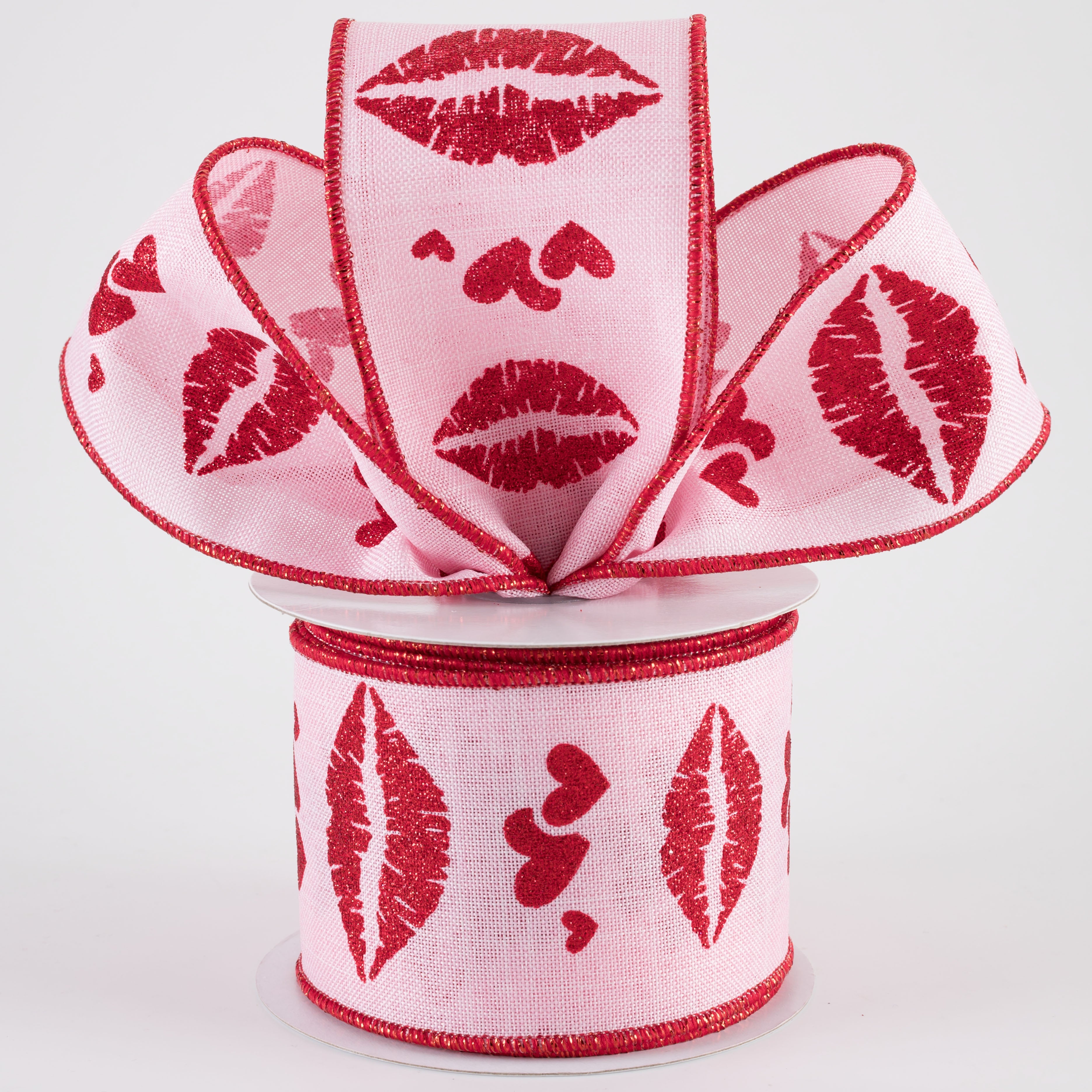 2.5" Glittered Hearts and Lips Diagonal Weave Ribbon: Light Pink (10 Yards) Lifestyle Photo