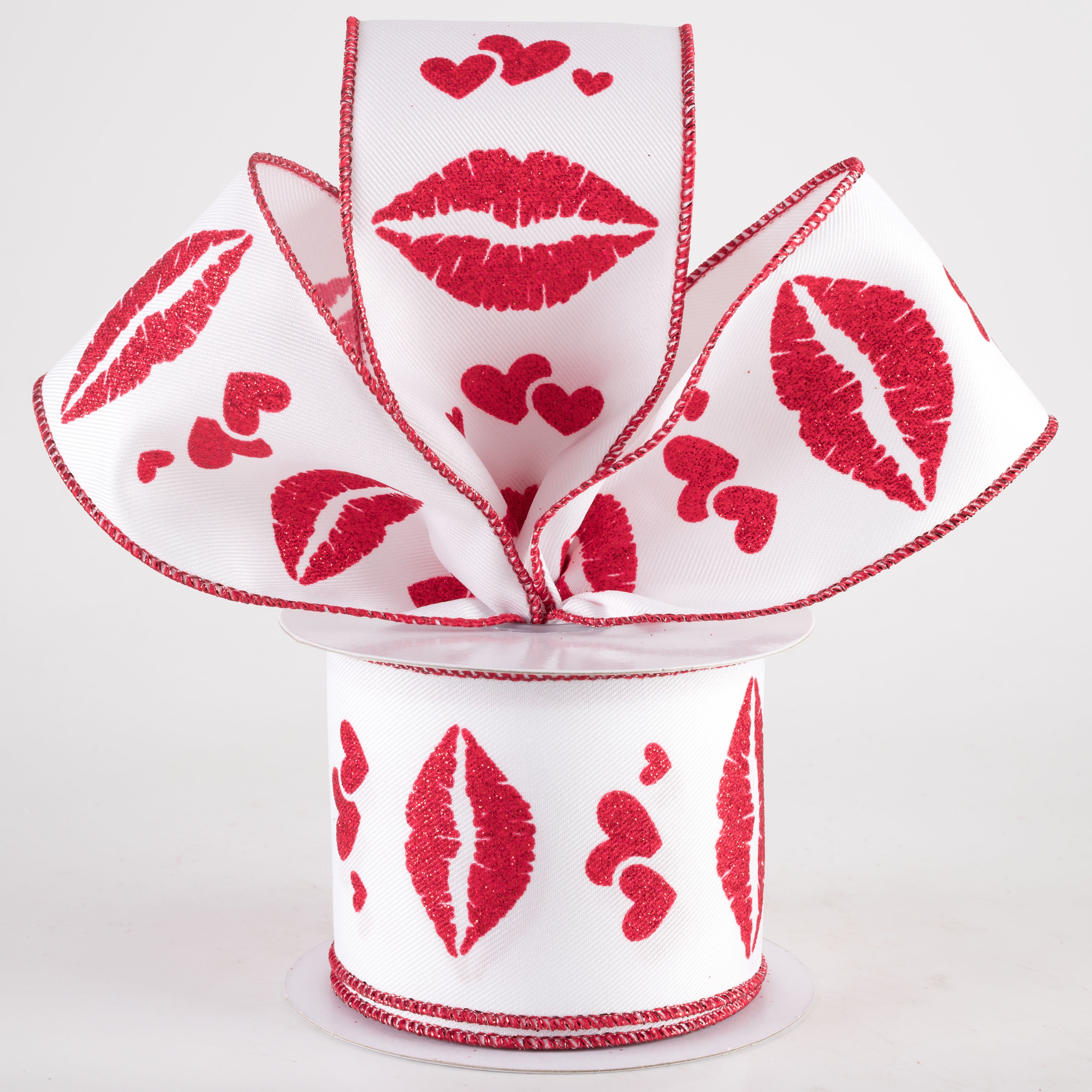 2.5" Glittered Hearts and Lips Diagonal Weave Ribbon: White Lifestyle Photo