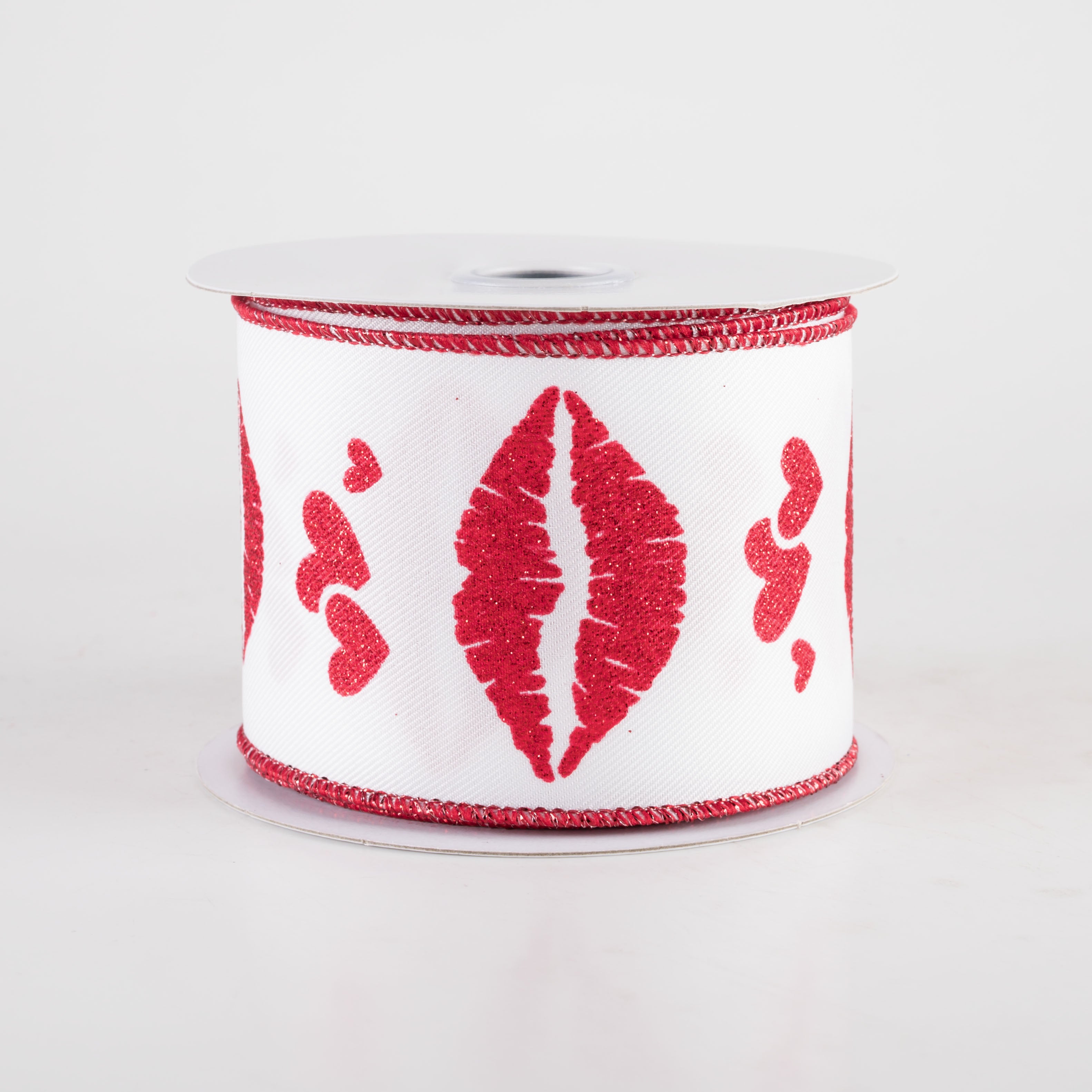 2.5" Glittered Hearts and Lips Diagonal Weave Ribbon: White Item Number: RGF152327