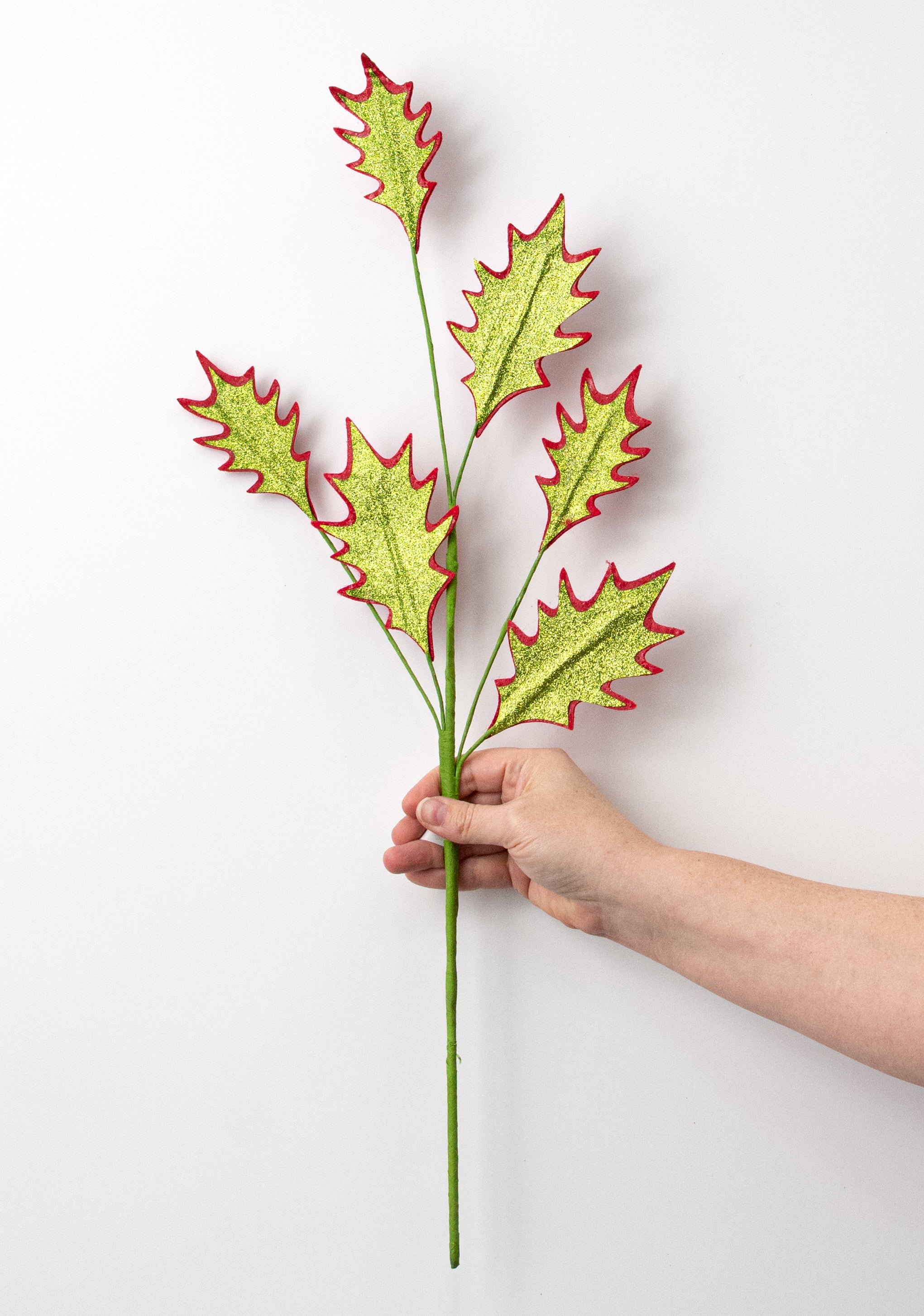 24" Glittered Holly Leaf Spray: Red & Lime Green detail photo 3