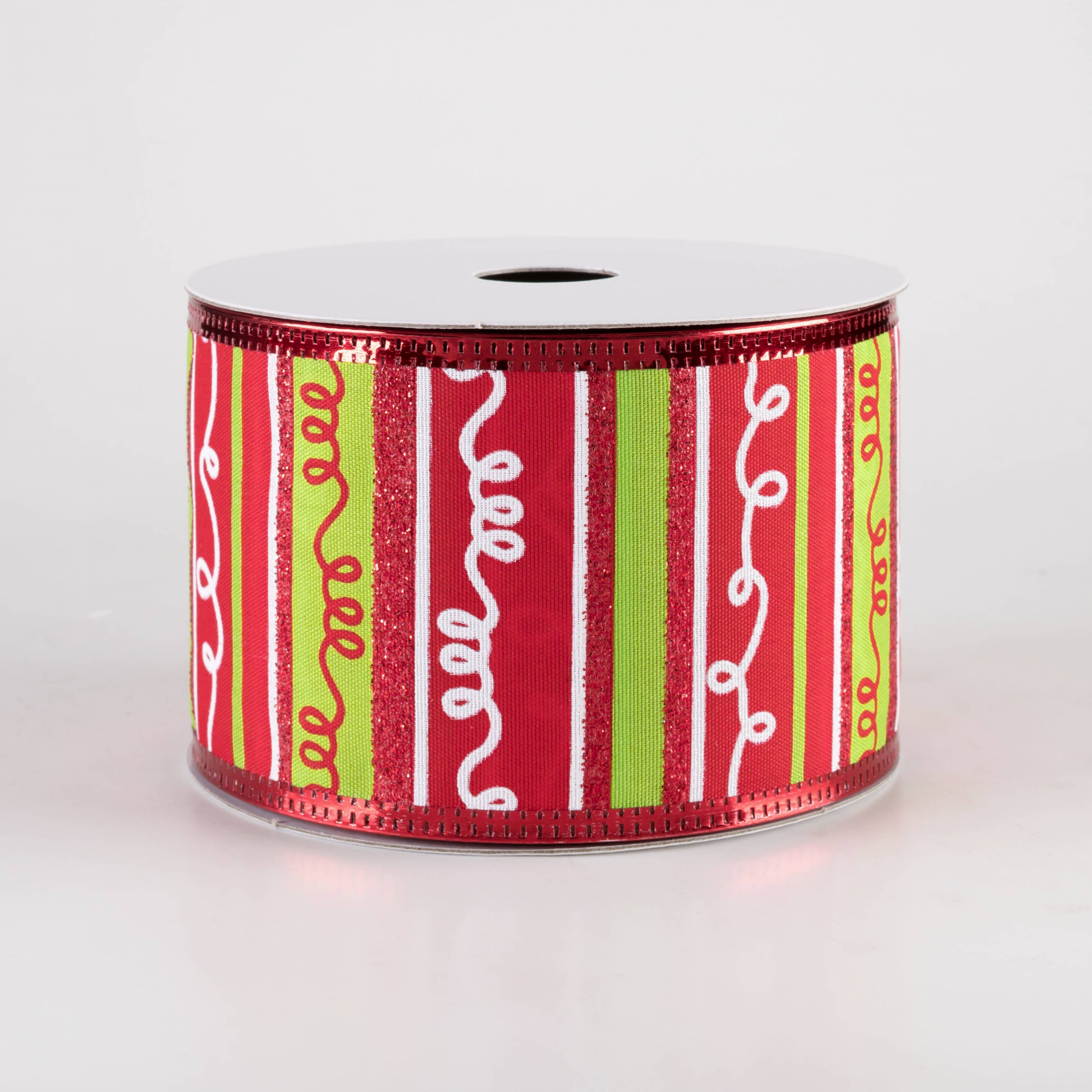 2.5" Glittered Loopy Stripes Ribbon: Red & Green (10 Yards) Item Number: 76413-40-29