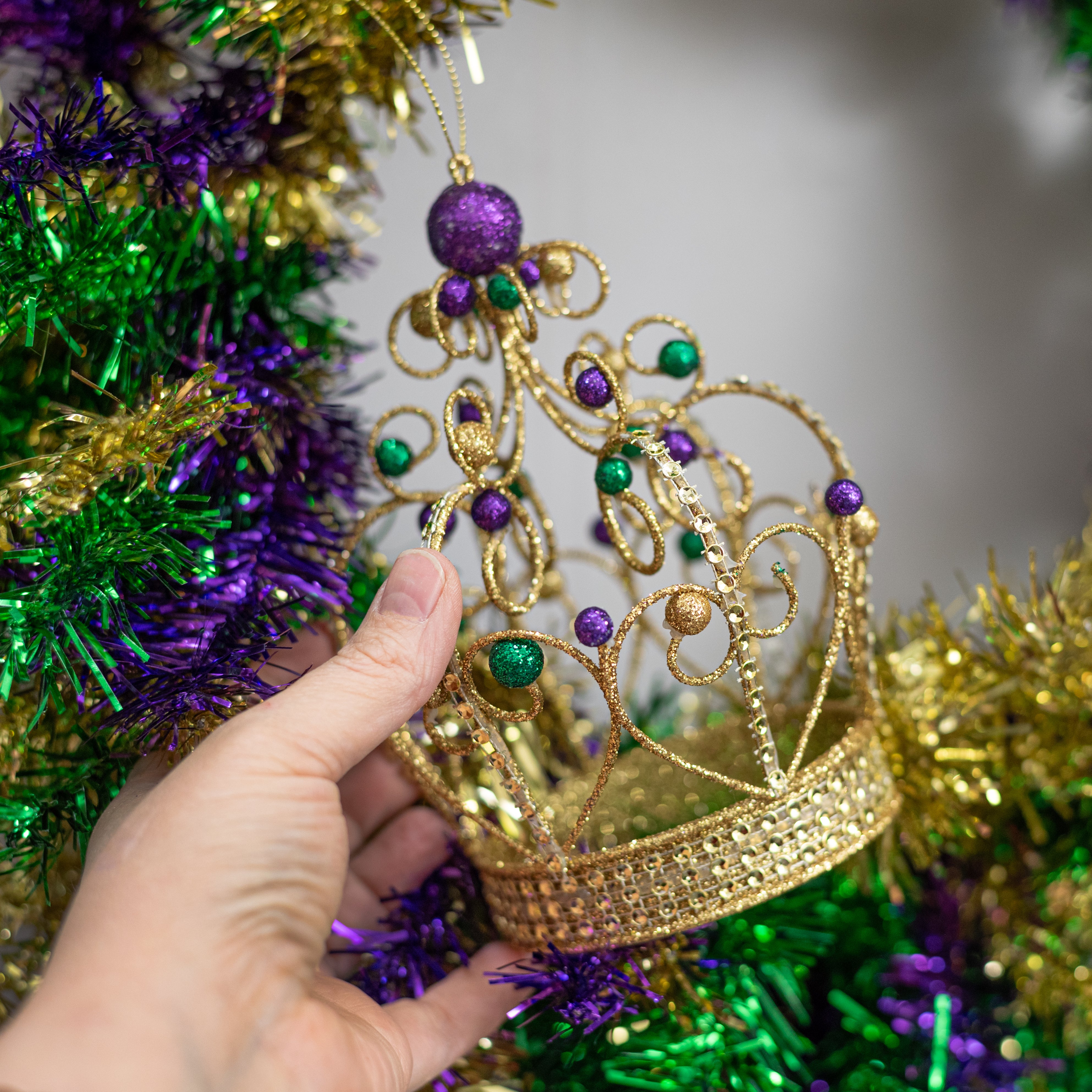 6" Glittered Mardi Gras Crown Ornament Lifestyle Photo