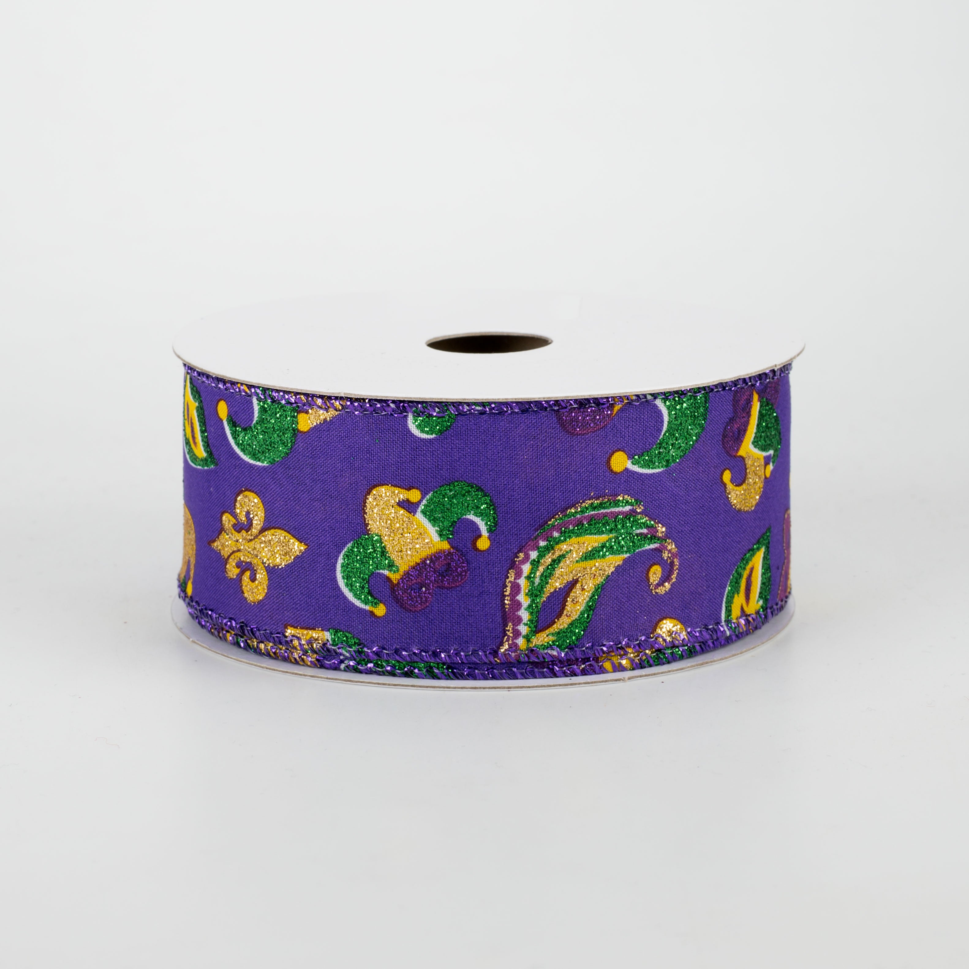 1.5" Glittered Mardi Gras Mask & Hat Ribbon (10 Yards)