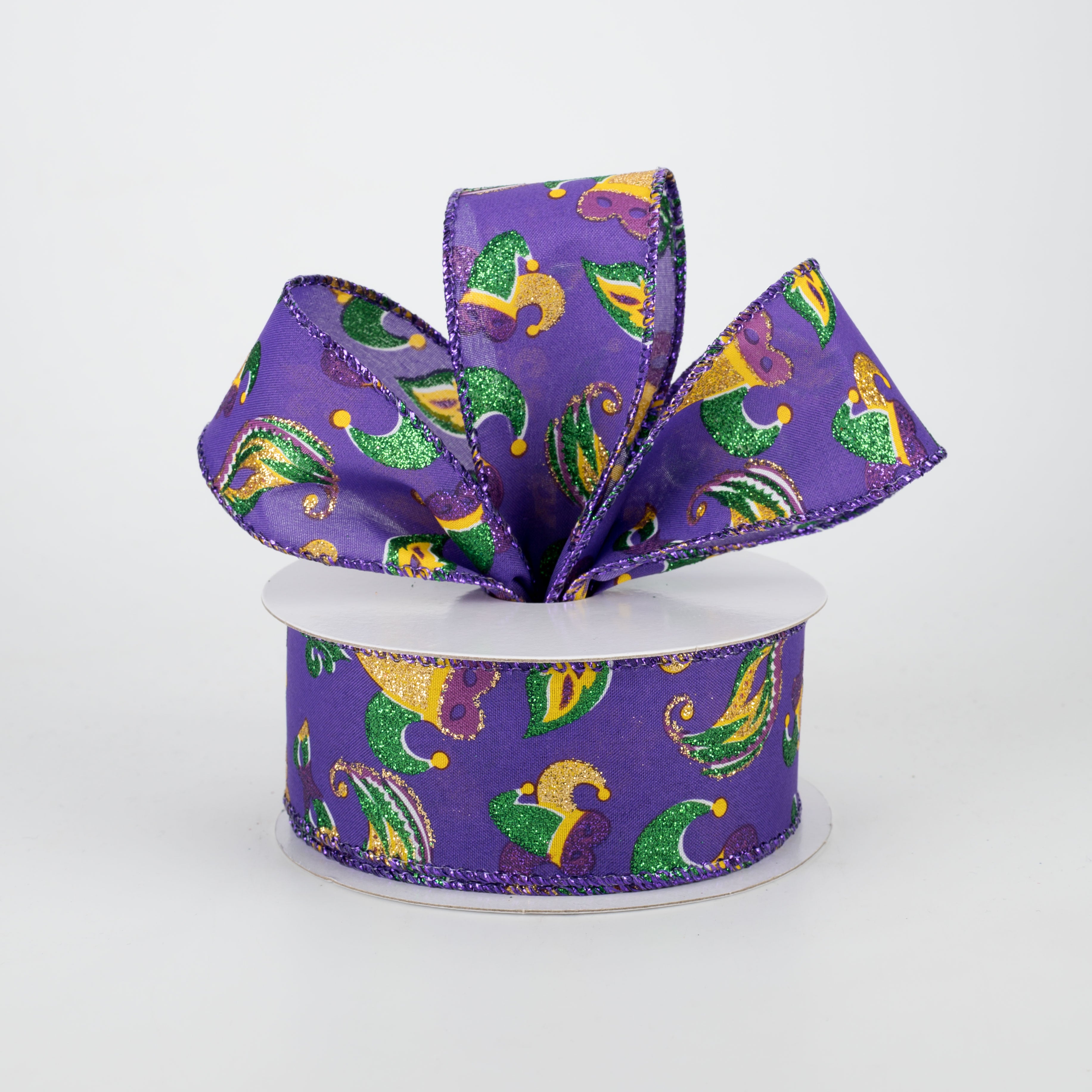 1.5" Glittered Mardi Gras Mask & Hat Ribbon (10 Yards) Lifestyle Photo