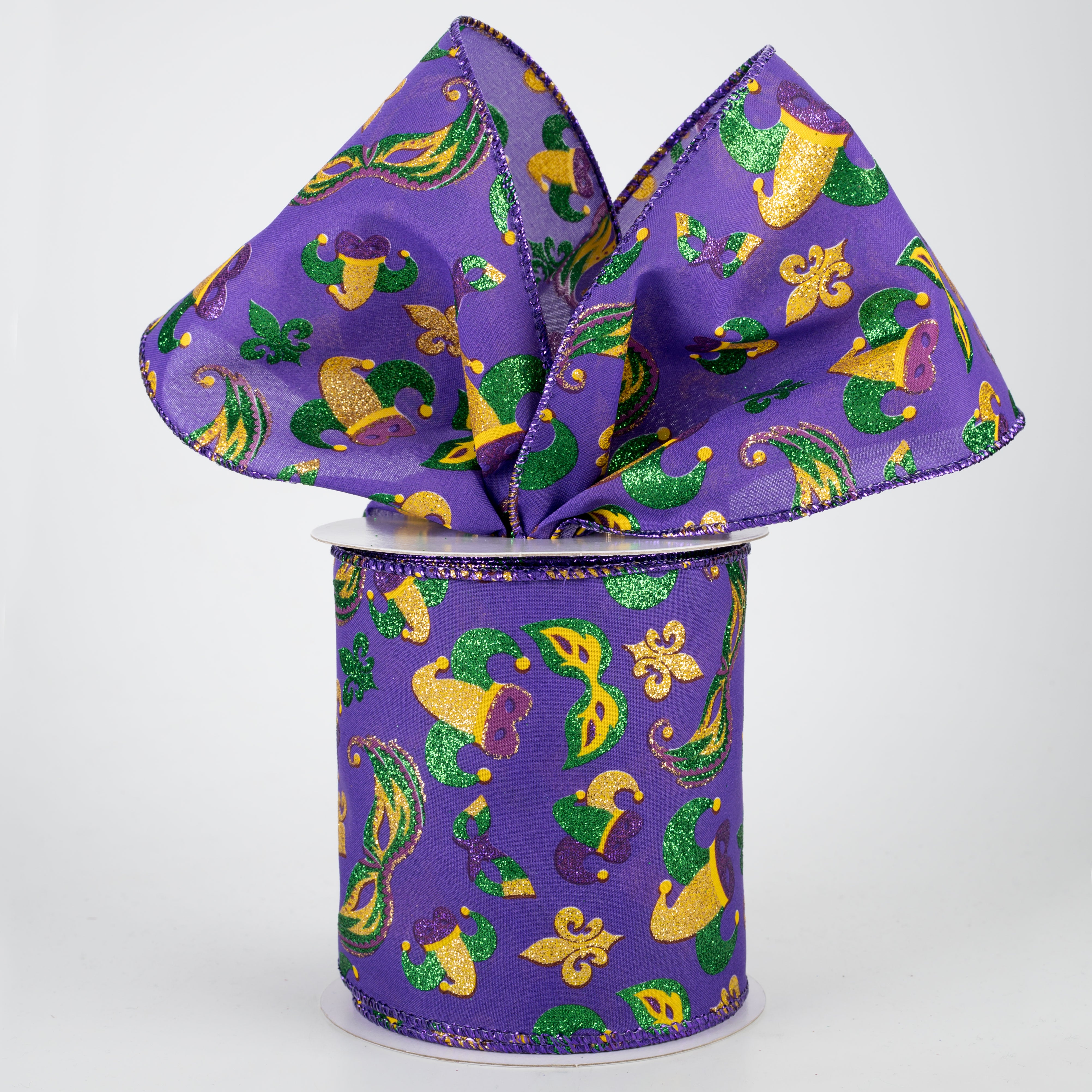 4" Glittered Mardi Gras Mask & Hat Ribbon (10 Yards) Lifestyle Photo