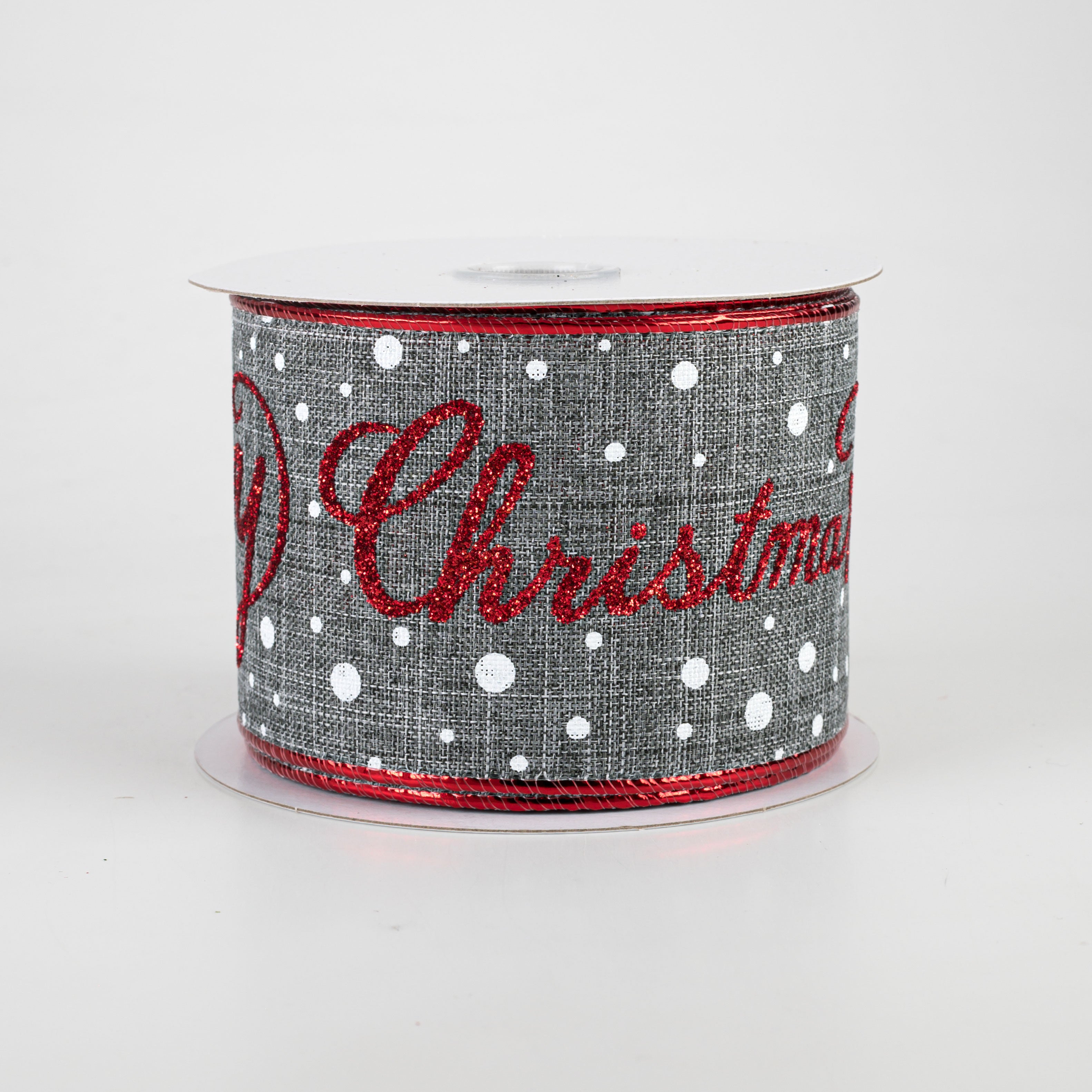 2.5" Glittered Merry Christmas Ribbon: Grey, Red, White (10 Yards)