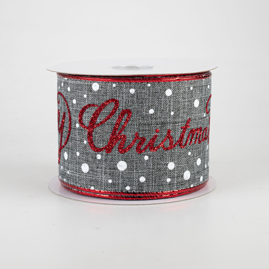 2.5" Glittered Merry Christmas Ribbon: Grey, Red, White (10 Yards)