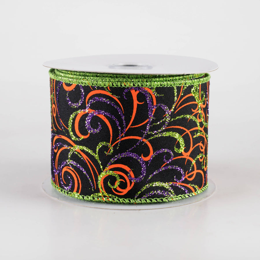 2.5" Glittered Multi Swirls Ribbon: Black, Orange, Purple, Lime (10 Yards) Item Number: RGF133302