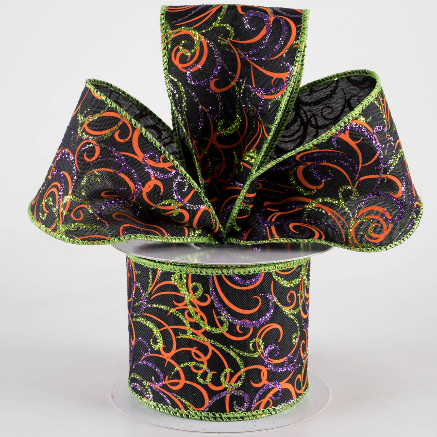 2.5" Glittered Multi Swirls Ribbon: Black, Orange, Purple, Lime (10 Yards) Lifestyle Photo