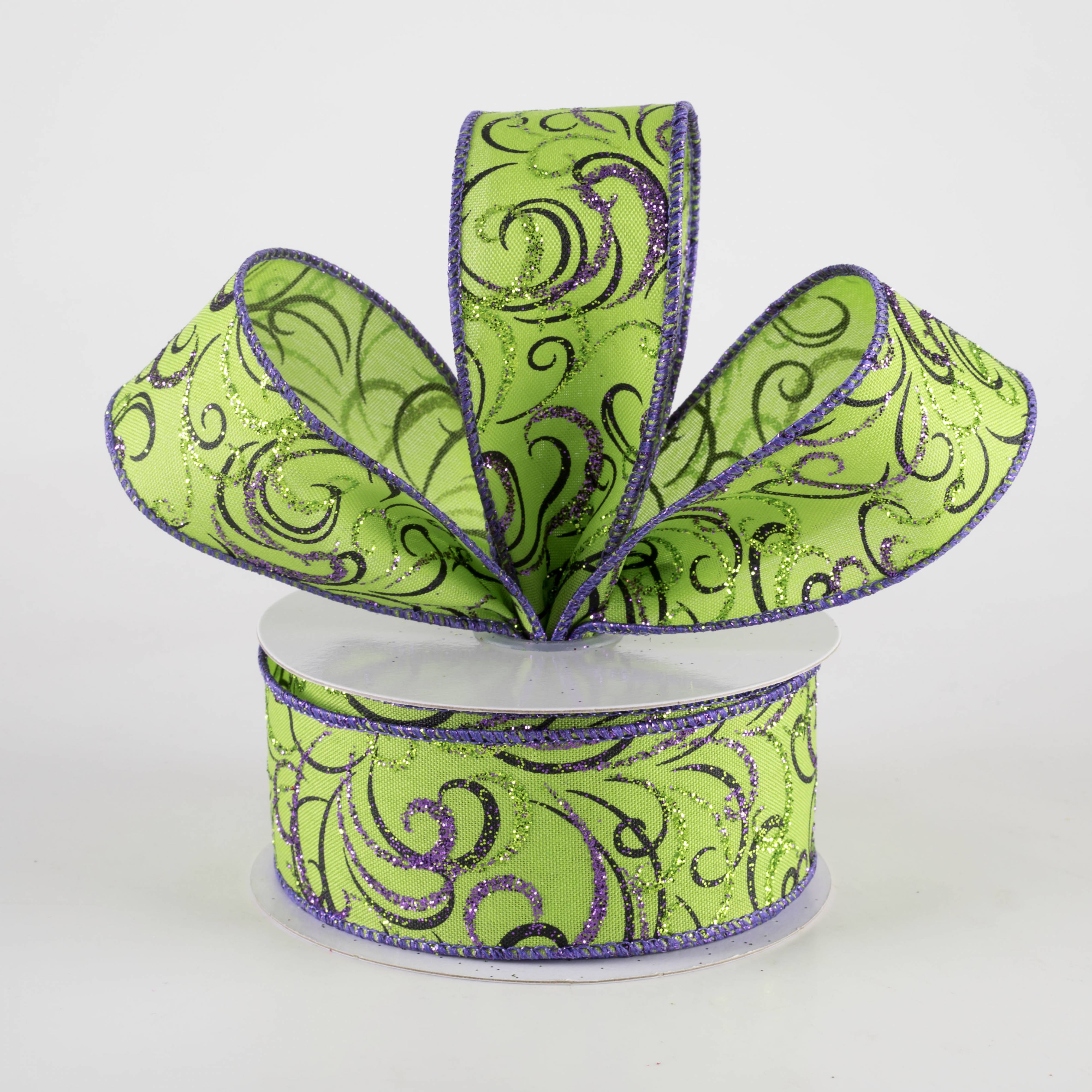 1.5" Glittered Multi Swirls Ribbon: Black & Purple on Lime Green (10 Yards) Lifestyle Photo