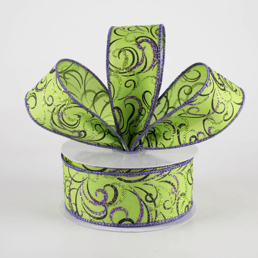 1.5" Glittered Multi Swirls Ribbon: Black & Purple on Lime Green (10 Yards) Lifestyle Photo