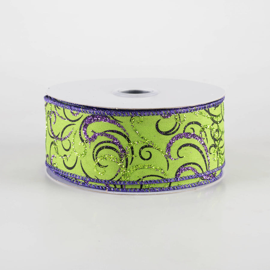 1.5" Glittered Multi Swirls Ribbon: Black & Purple on Lime Green (10 Yards) Item Number: RGF133033