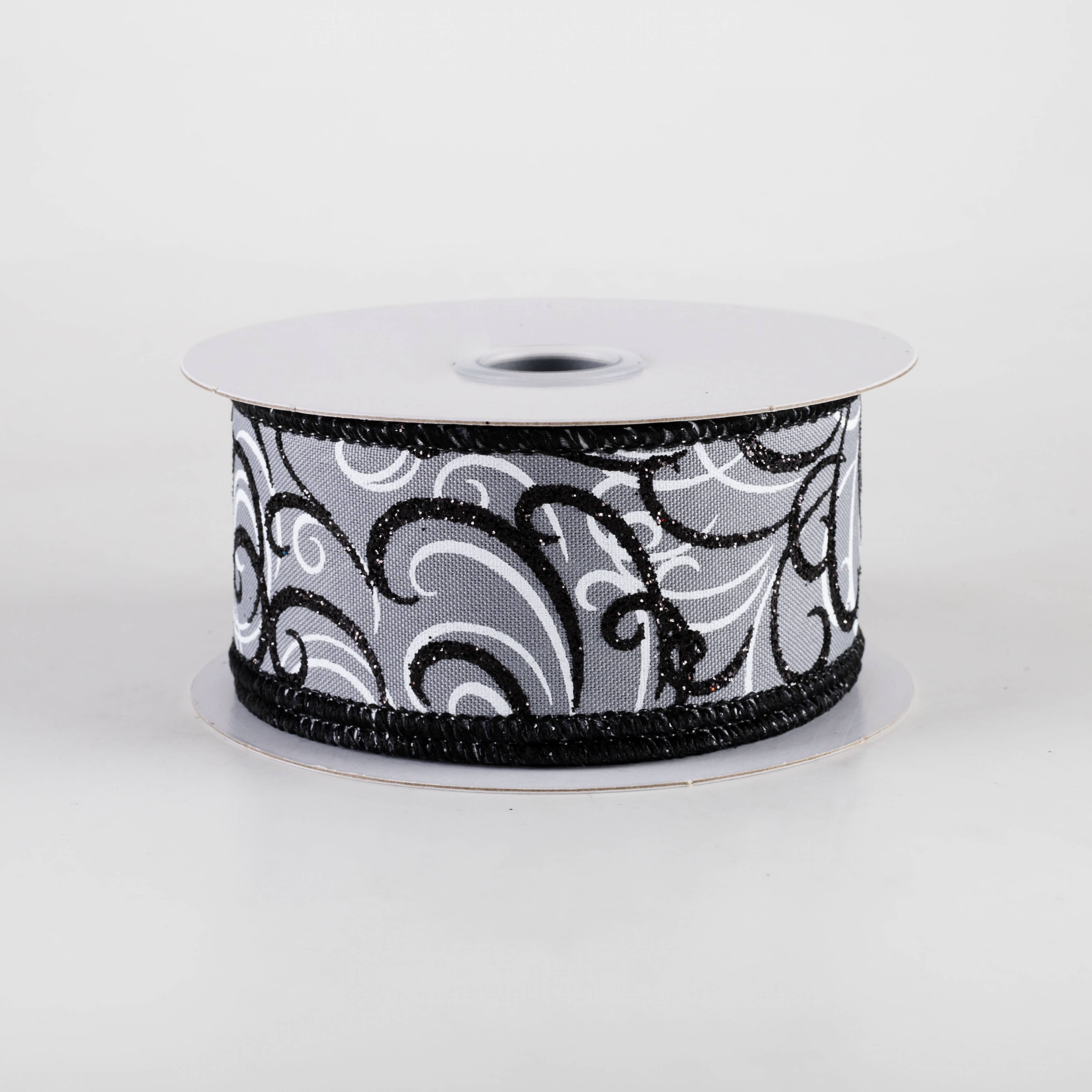 1.5" Glittered Multi Swirls Ribbon: Black & White on Grey (10 Yards) Item Number: RGF13226C