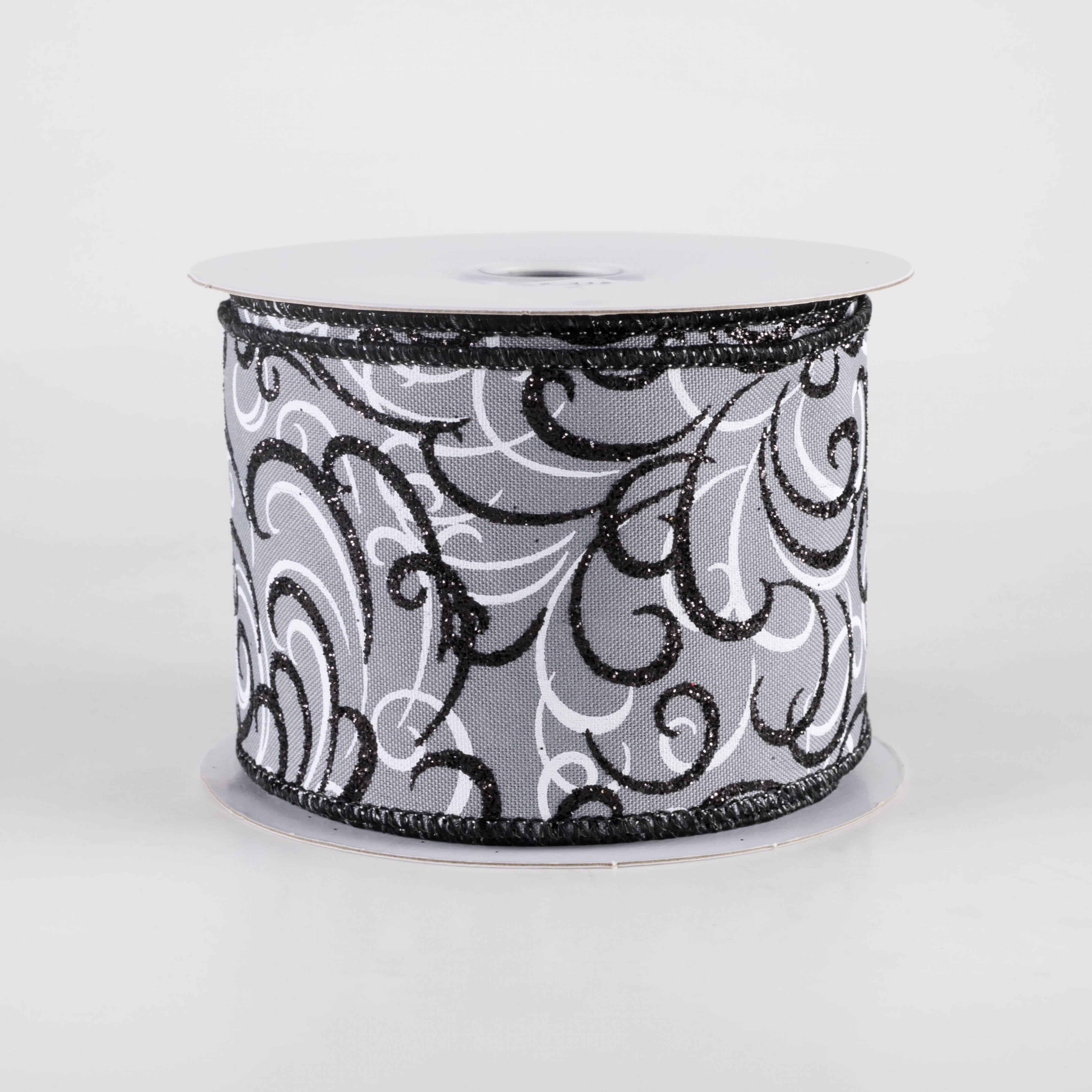 2.5" Glittered Multi Swirls Ribbon: Black & White on Grey (10 Yards) Item Number: RGF13236C