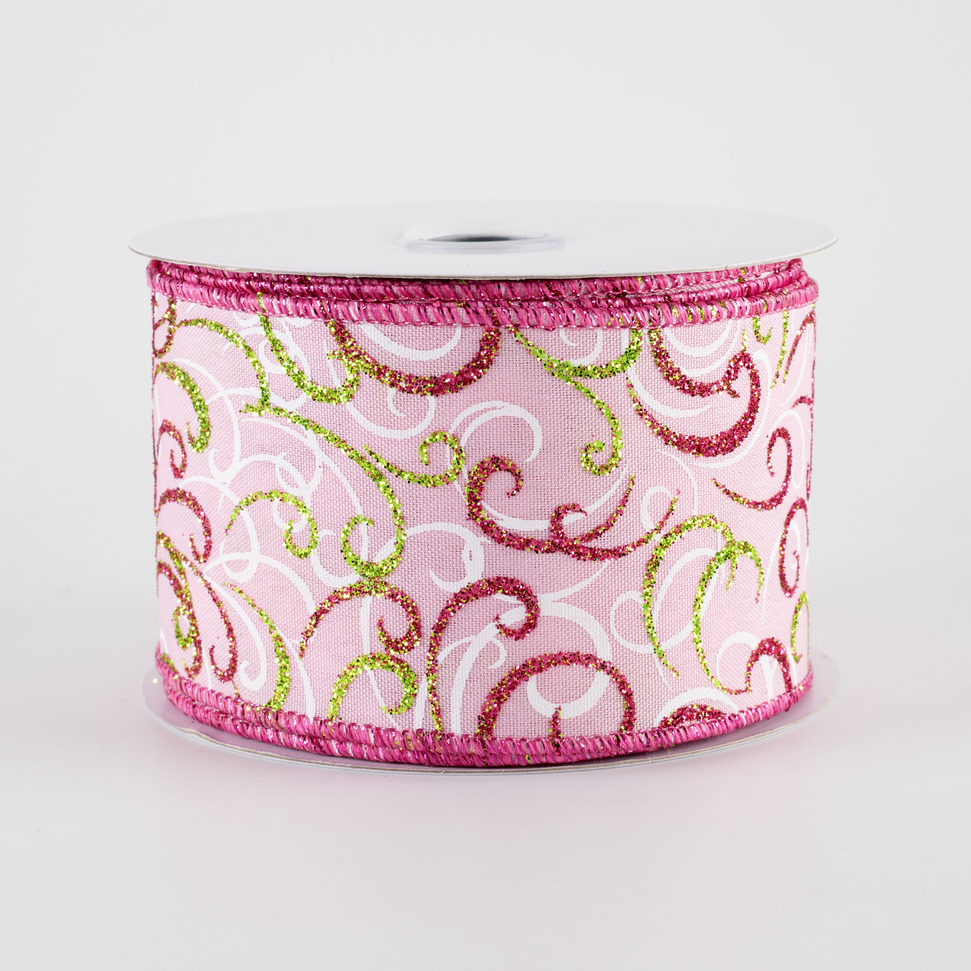 2.5" Glittered Multi Swirls Ribbon: Fuchsia, White & Lime on Pink (10 Yards) Item Number: RGF133315