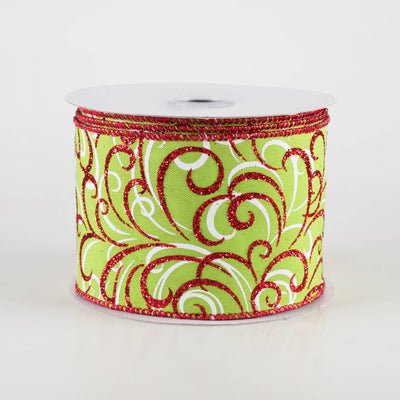 2.5" Glittered Multi Swirls Ribbon: Red & White on Lime Green (10 Yards) Item Number: RGF1323W1