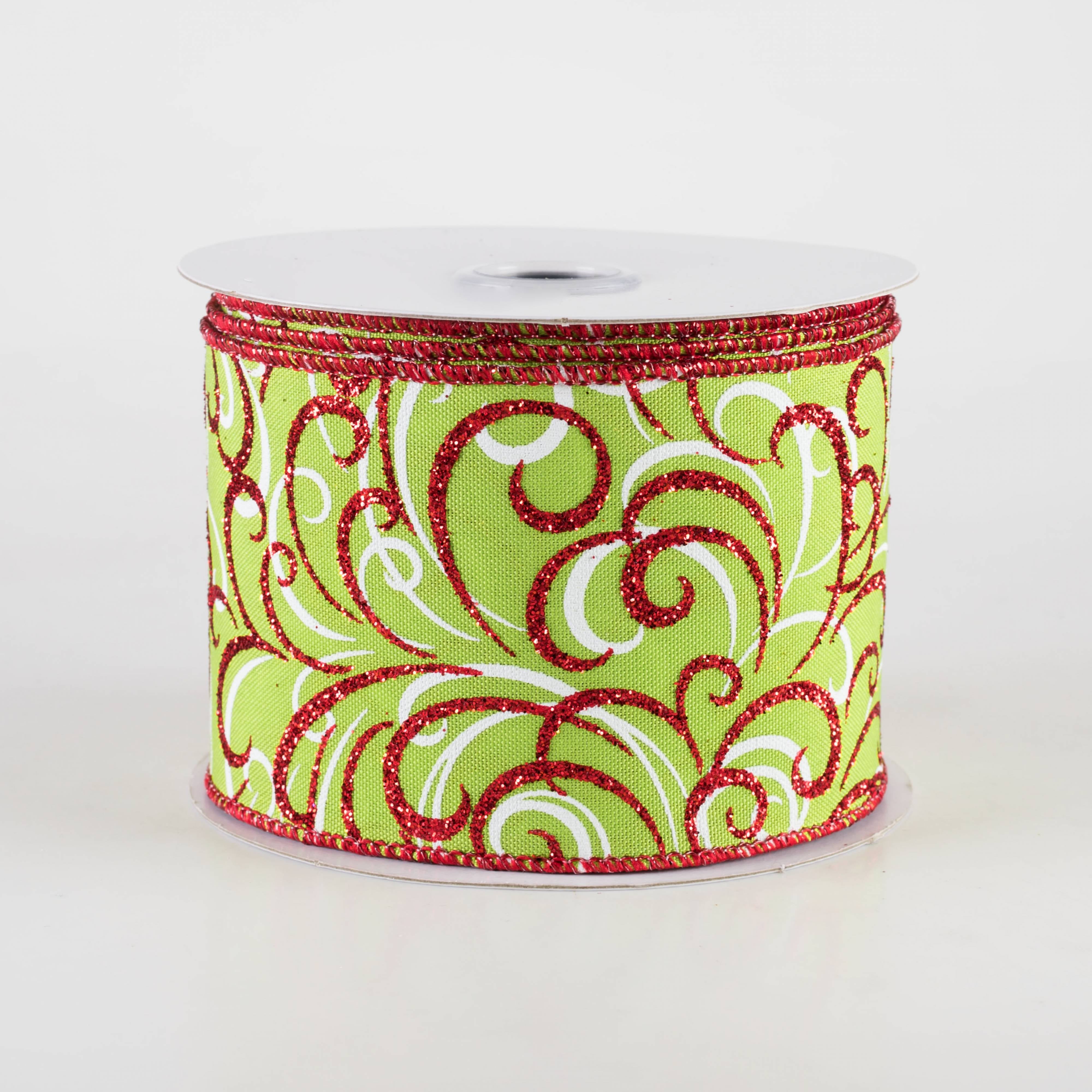 2.5" Glittered Multi Swirls Ribbon: Red & White on Lime Green (10 Yards) Item Number: RGF1323W1