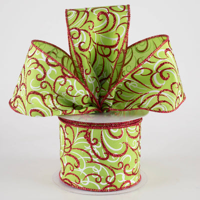 2.5" Glittered Multi Swirls Ribbon: Red & White on Lime Green (10 Yards) Lifestyle Photo