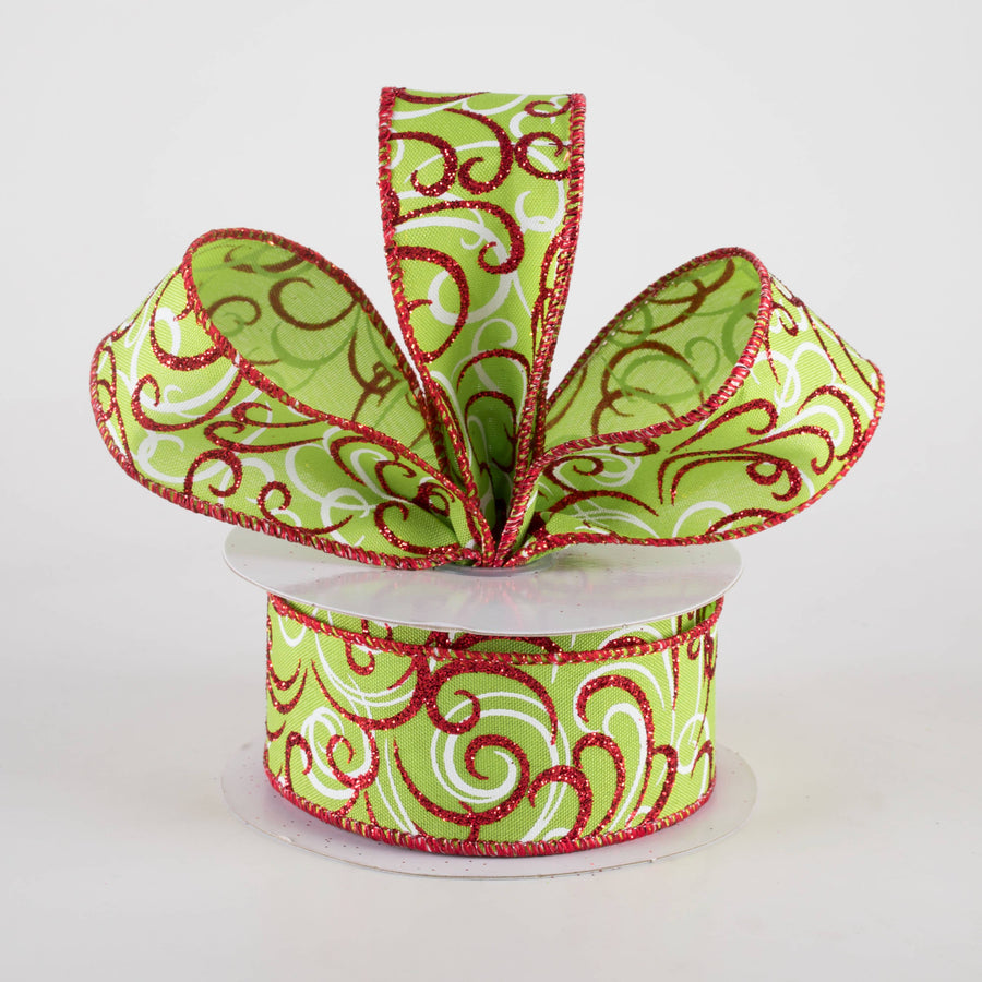 1.5" Glittered Multi Swirls Ribbon: Red & White on Lime Green (10 Yards) Lifestyle Photo