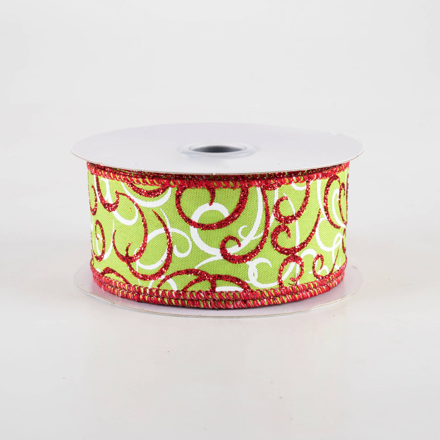 1.5" Glittered Multi Swirls Ribbon: Red & White on Lime Green (10 Yards) Item Number: RGF1322W1