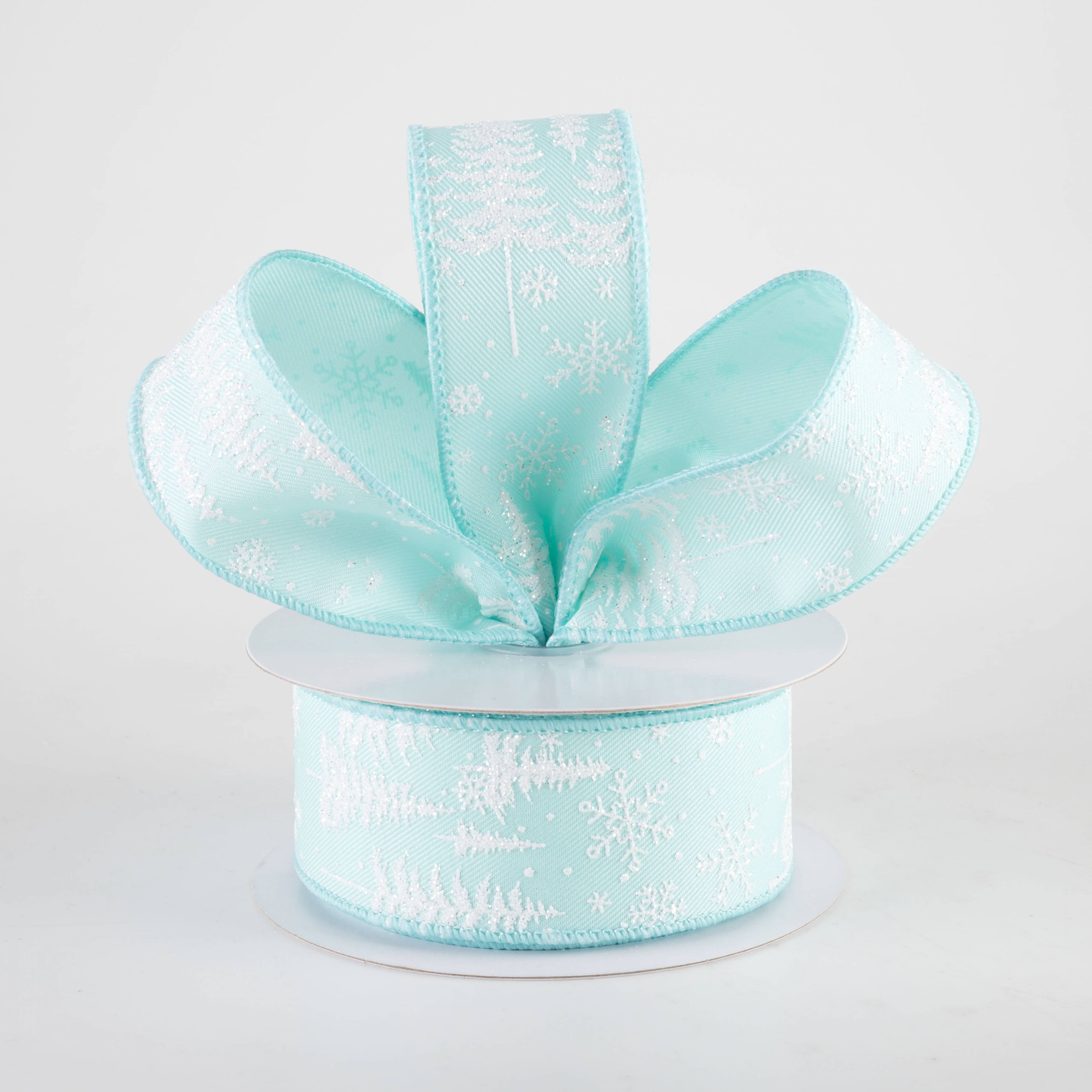 1.5" Glittered Pine Trees & Snowflakes Ribbon: Ice Blue (10 Yards) Lifestyle Photo