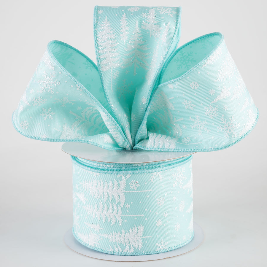2.5" Glittered Pine Trees & Snowflakes Ribbon: Ice Blue (10 Yards) Lifestyle Photo