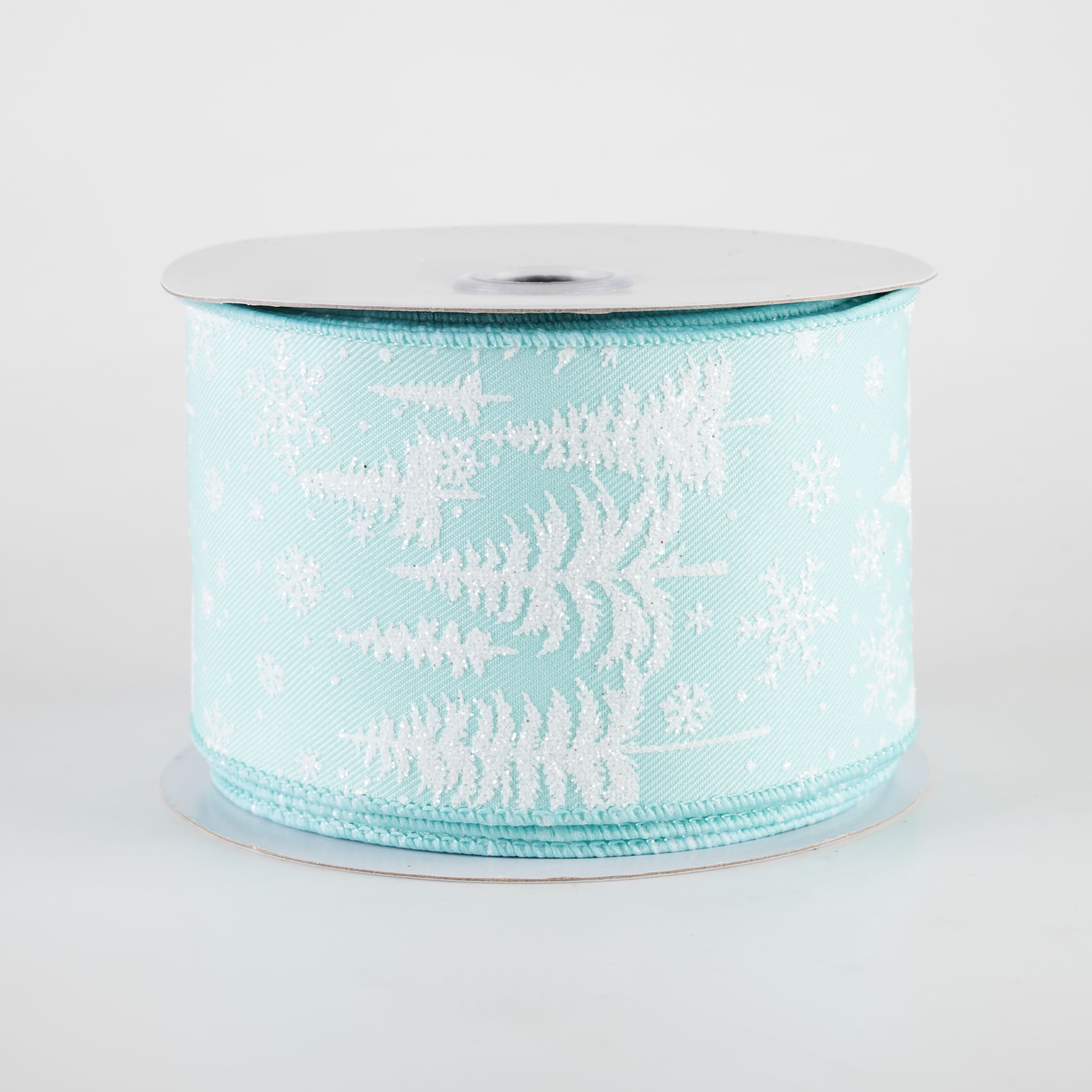 2.5" Glittered Pine Trees & Snowflakes Ribbon: Ice Blue (10 Yards)