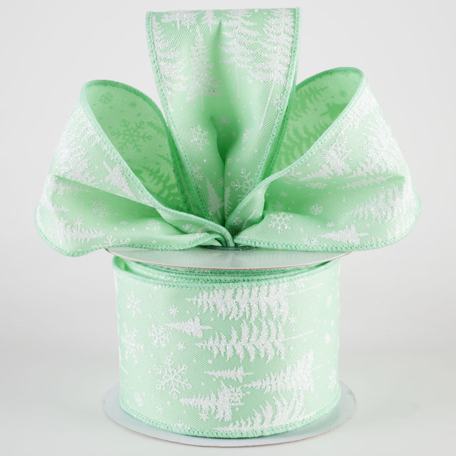 2.5" Glittered Pine Trees & Snowflakes Ribbon: Mint Green (10 Yards) Lifestyle Photo