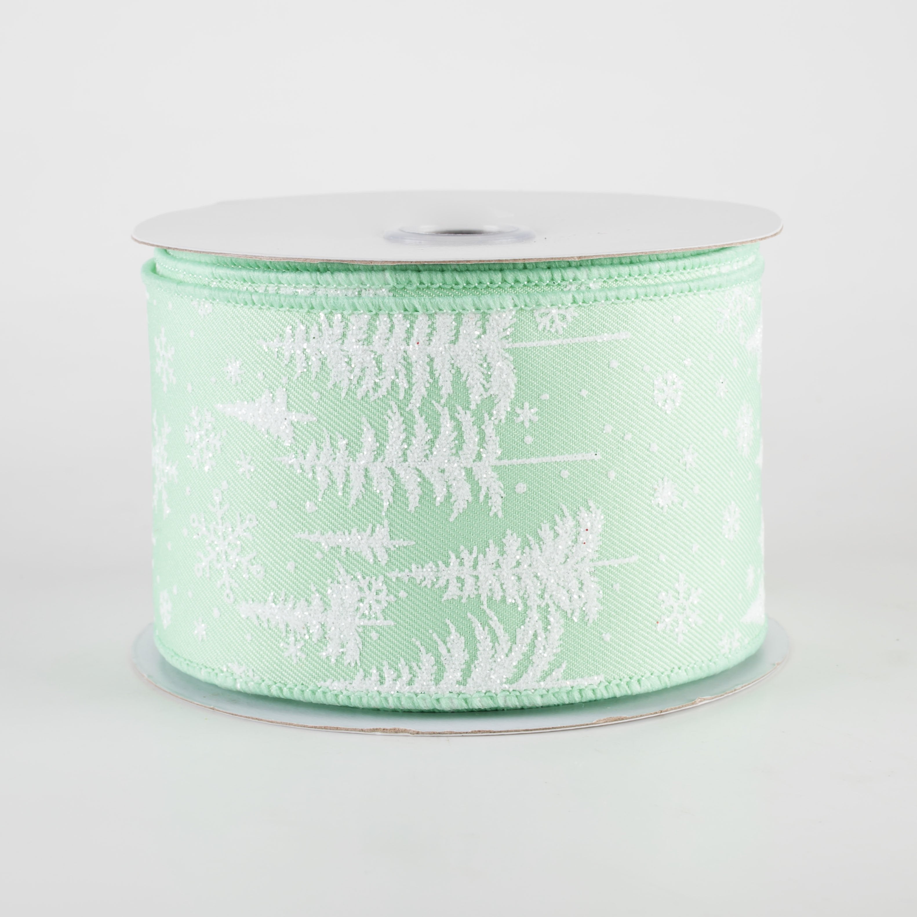2.5" Glittered Pine Trees & Snowflakes Ribbon: Mint Green (10 Yards) Item Number: RGF1234AN