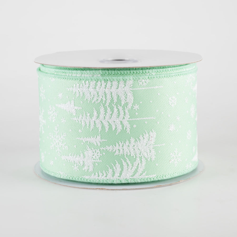 2.5" Glittered Pine Trees & Snowflakes Ribbon: Mint Green (10 Yards) Item Number: RGF1234AN