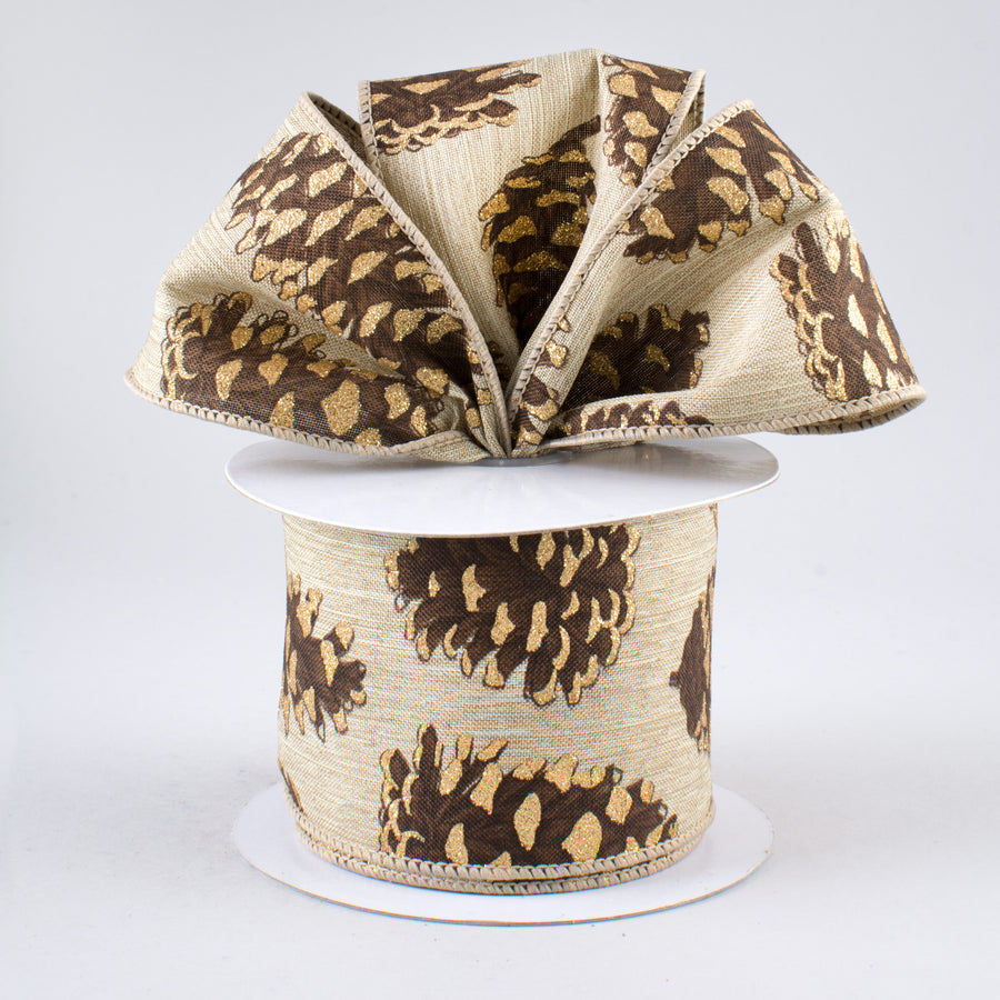 2.5" Glittered Pinecone Ribbon: Natural (10 Yards) Lifestyle Photo