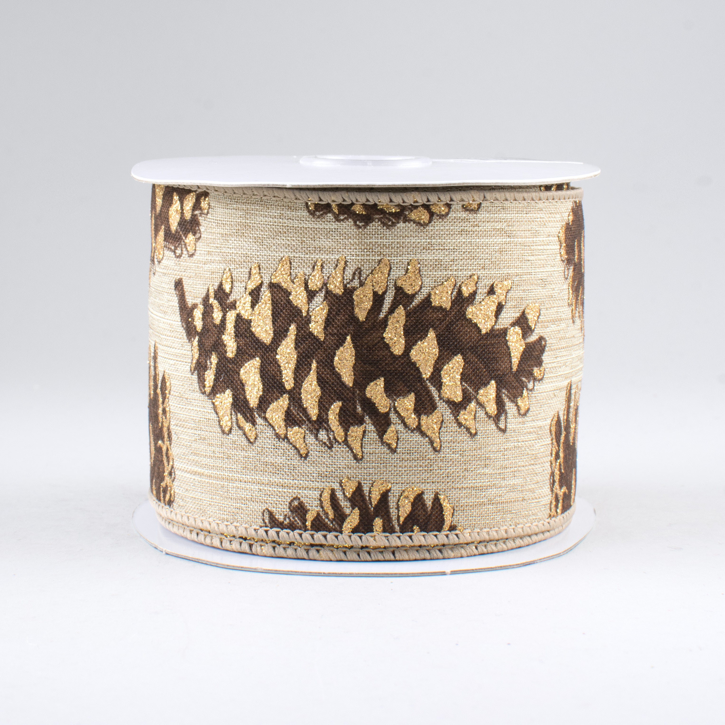 2.5" Glittered Pinecone Ribbon: Natural (10 Yards)