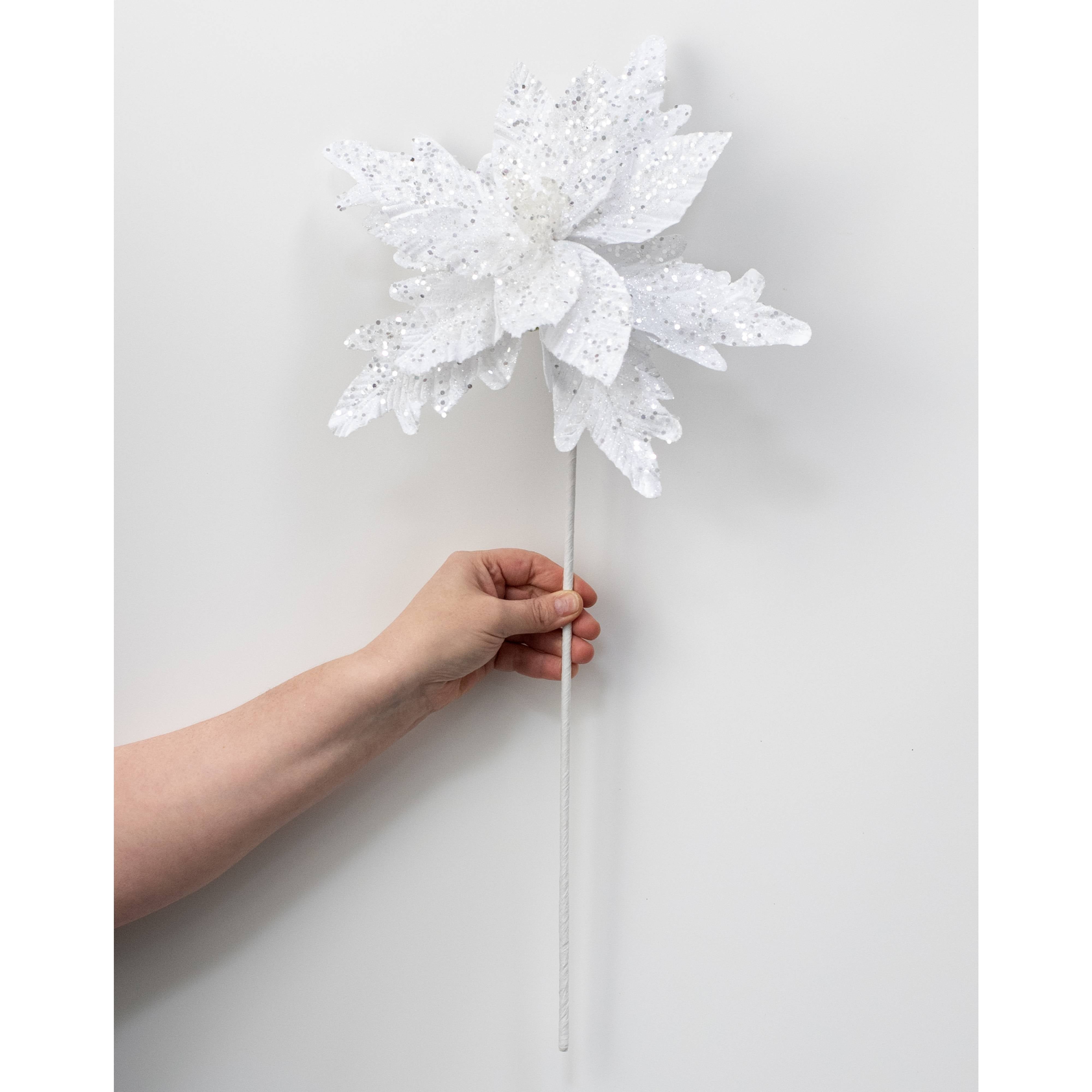 12" x 25" Glittered Poinsettia Stem: White detail photo 3