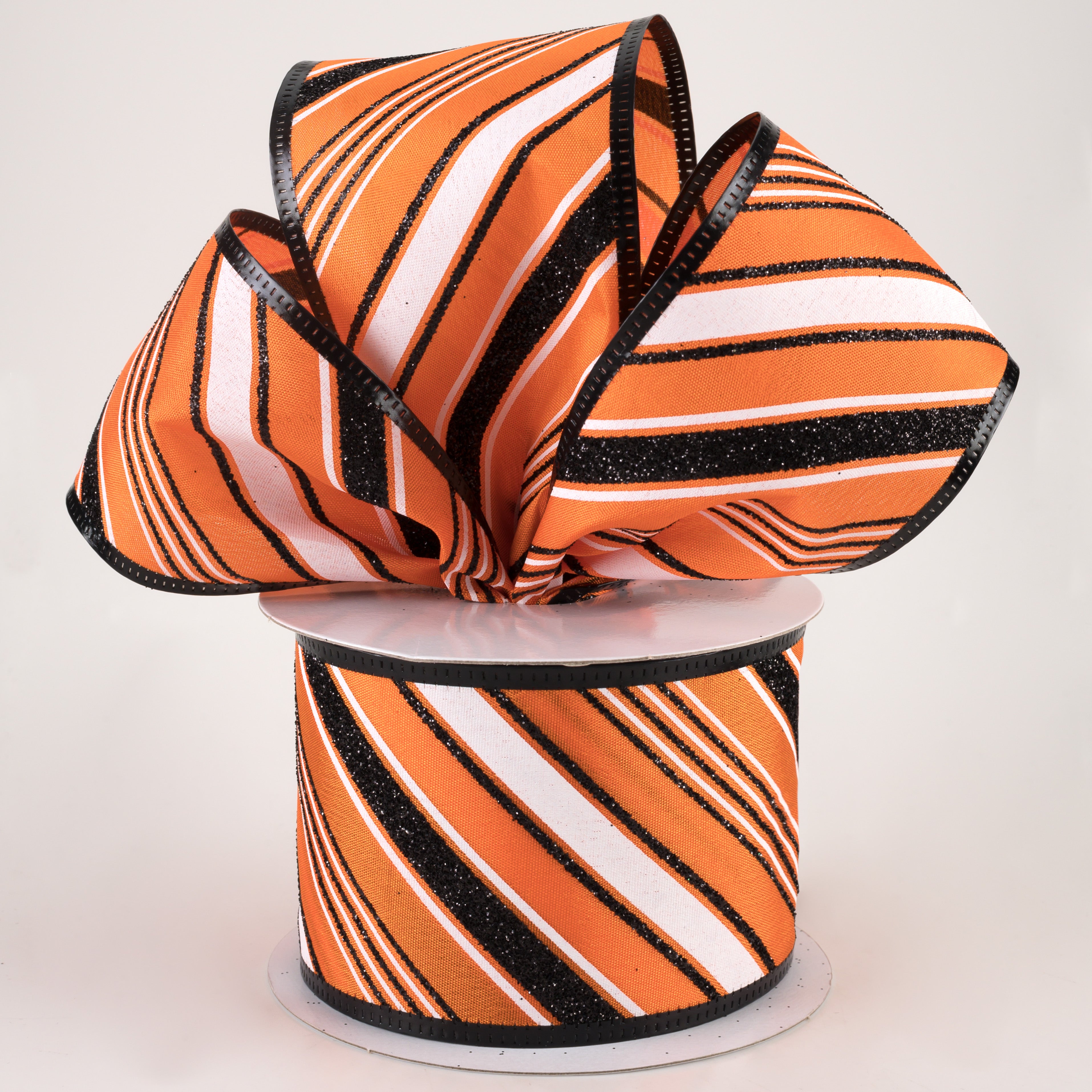 2.5" Glittered Satin Diagonal Stripes Ribbon: Halloween (10 Yards) Lifestyle Photo