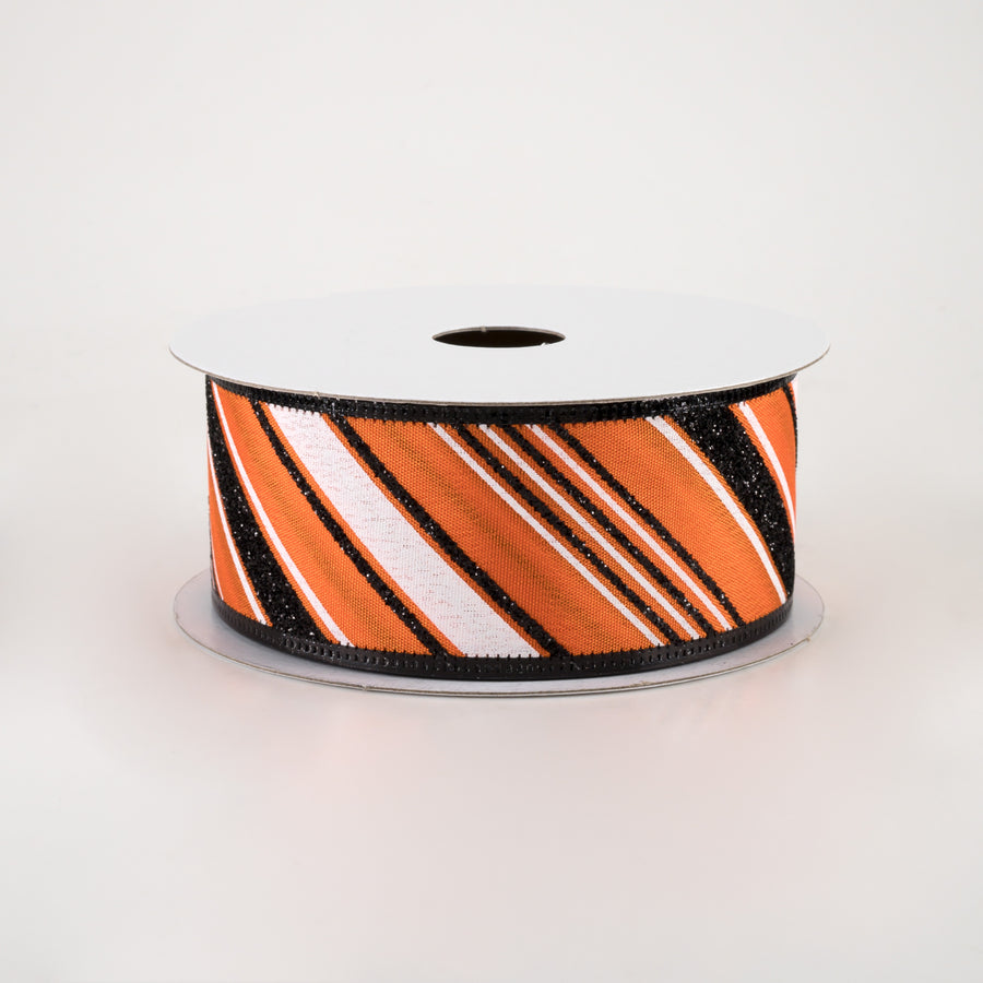 1.5" Glittered Satin Diagonal Stripes Ribbon: Halloween (10 Yards)