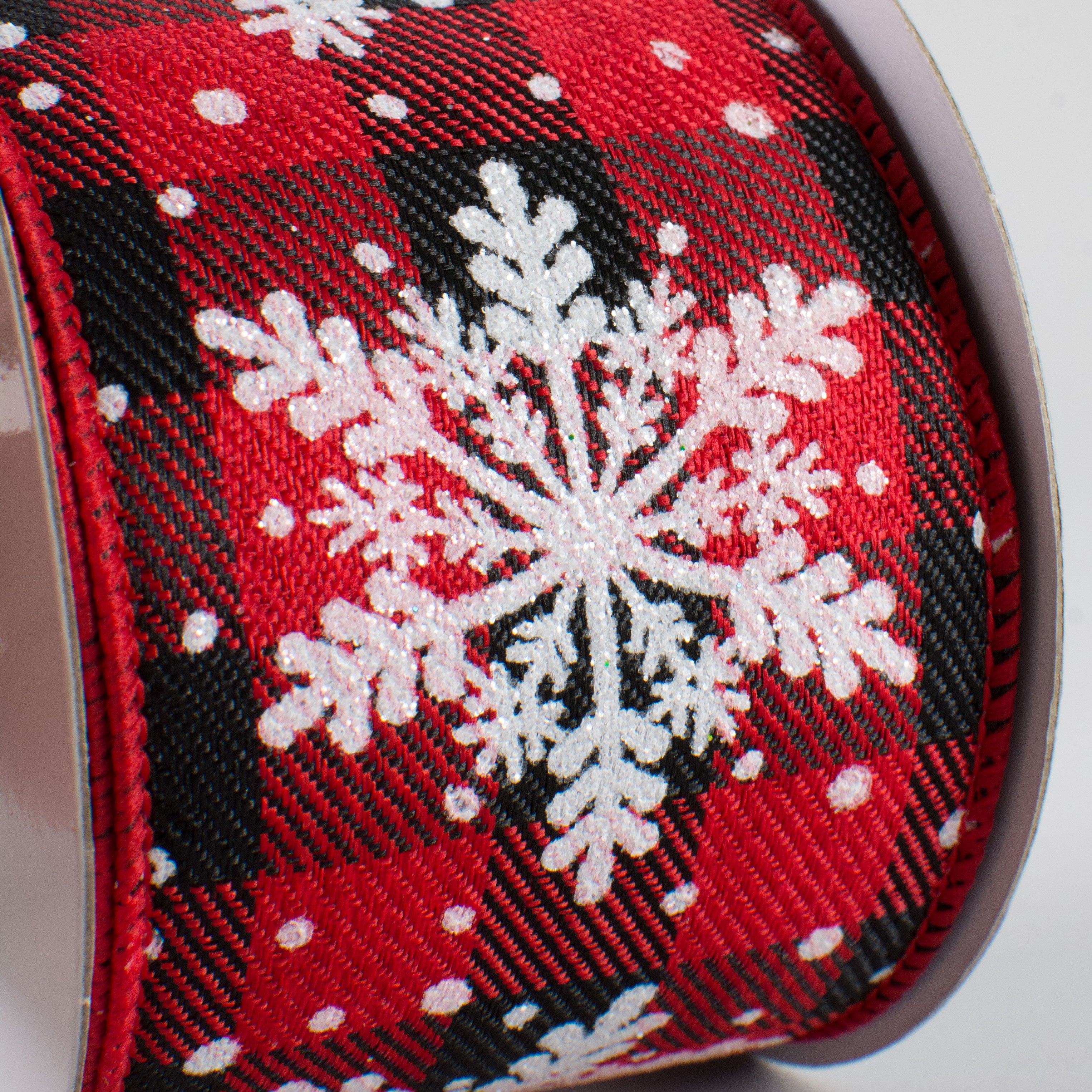 2.5" Glittered Snowflakes Ribbon: Buffalo Plaid (10 Yards) detail photo 3