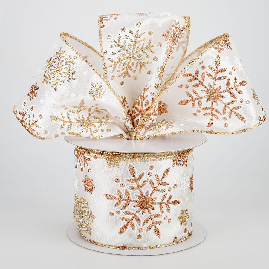 2.5" Glittered Snowflakes Ribbon: White & Rose Gold (10 Yards) Lifestyle Photo