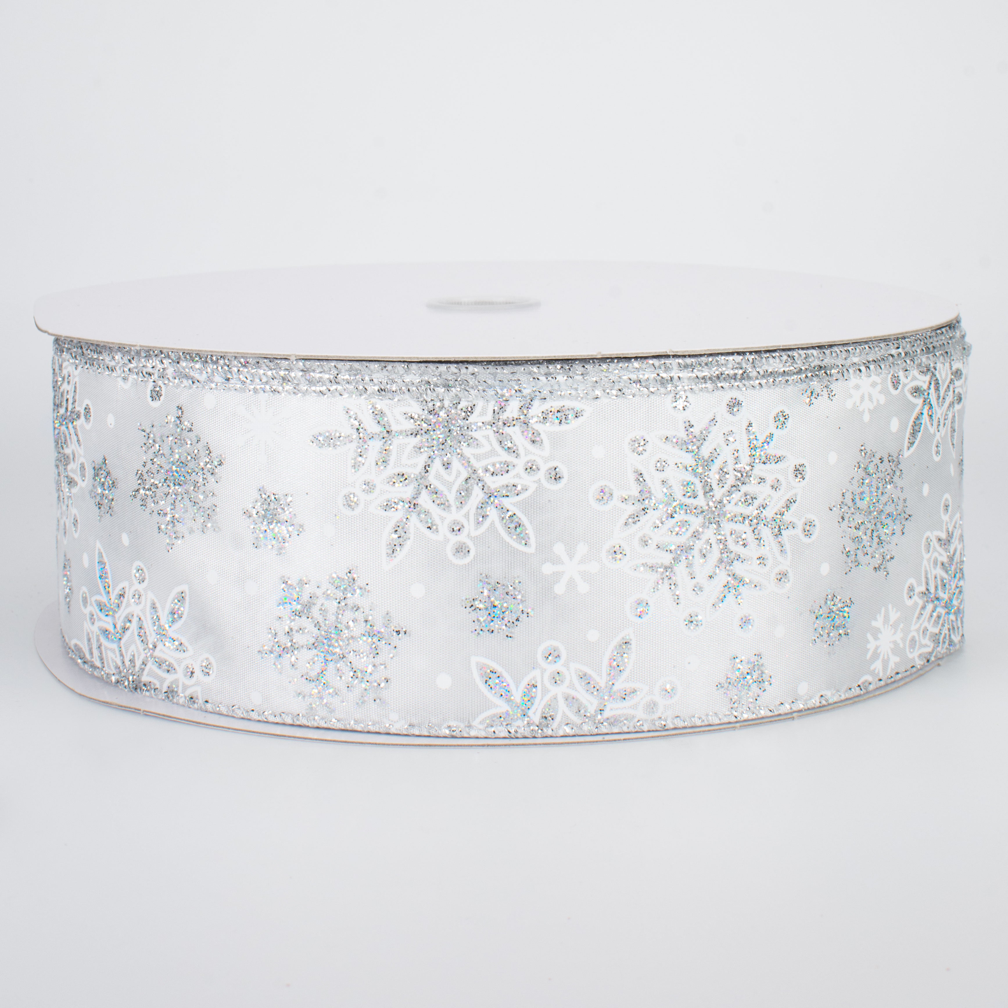 2.5" Glittered Snowflakes Ribbon: White & Silver (50 Yards)