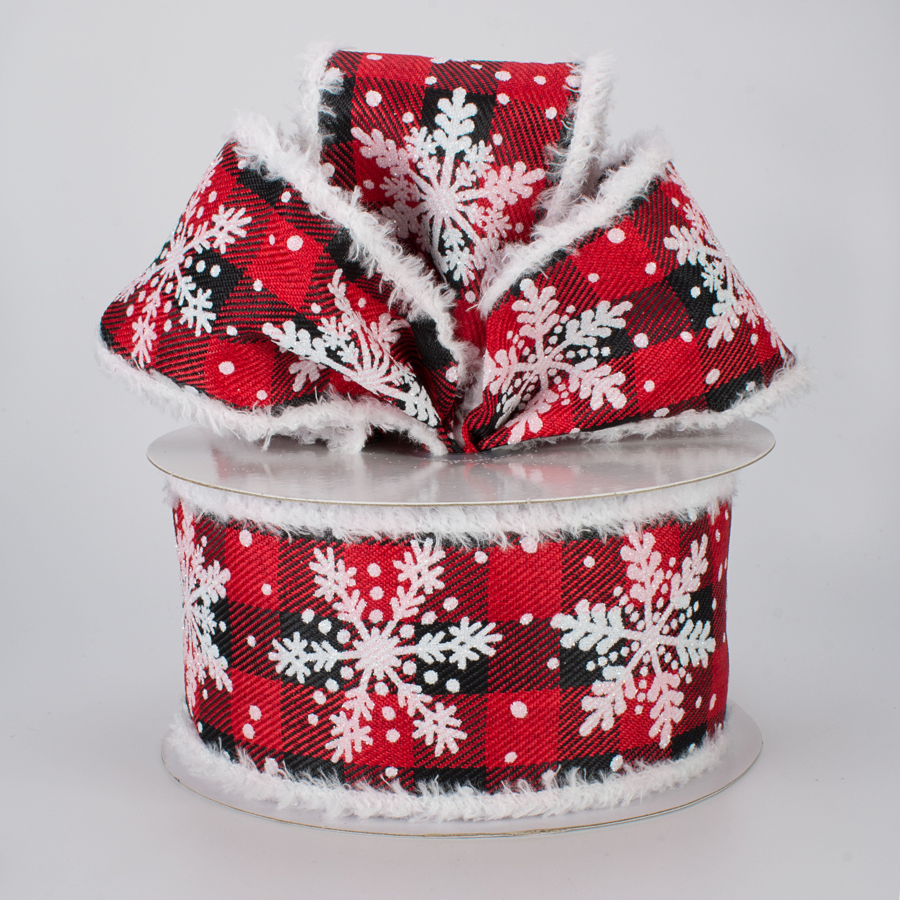 2.5" Glittered Snowflakes Snowdrift Ribbon: Buffalo Plaid (10 Yards) Lifestyle Photo