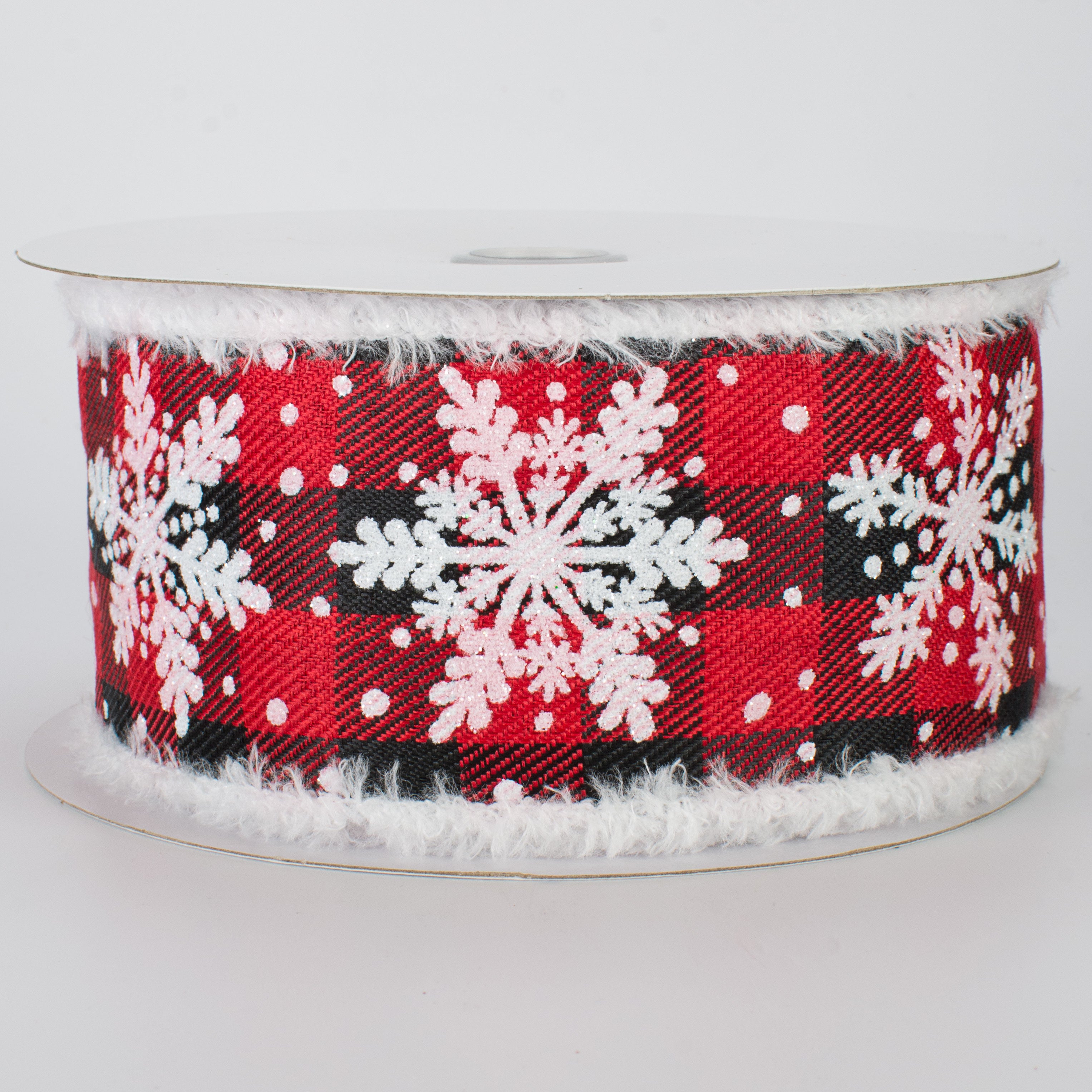 2.5" Glittered Snowflakes Snowdrift Ribbon: Buffalo Plaid (10 Yards)