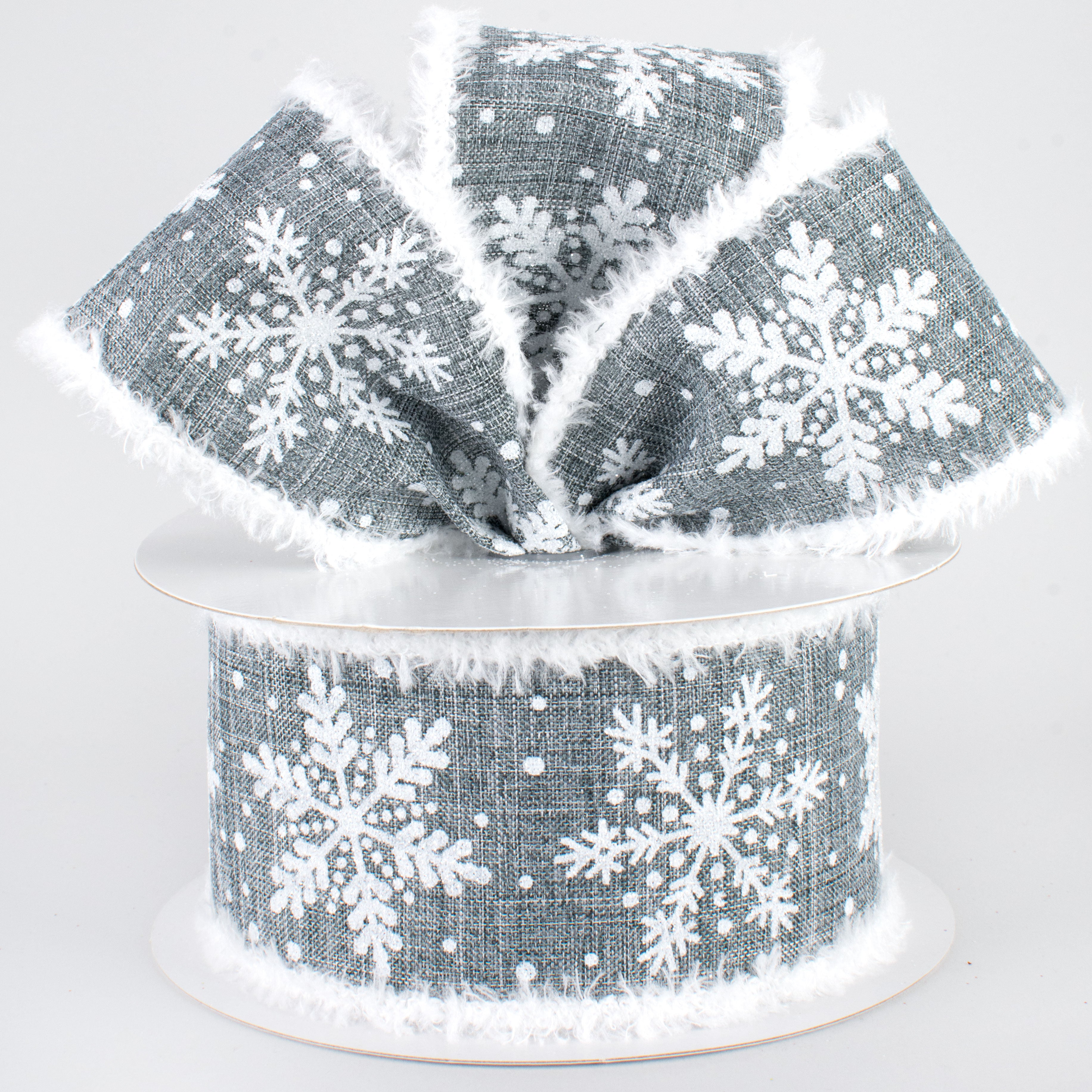 2.5" Glittered Snowflakes Snowdrift Ribbon: Grey (10 Yards) Lifestyle Photo